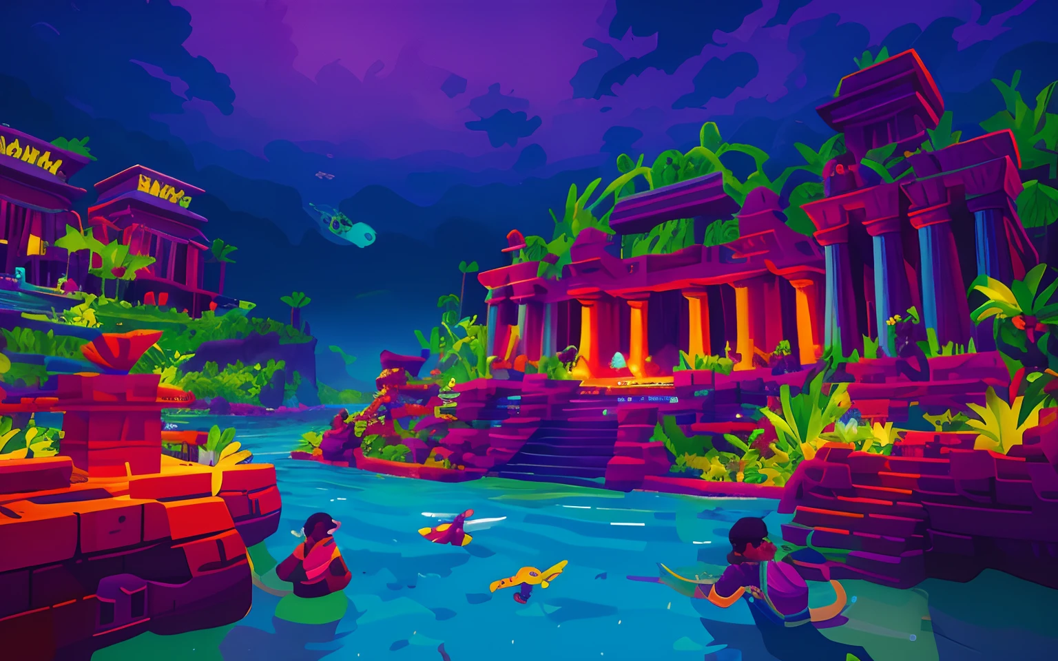 There was a boat where people were in the water, ultra wide gameplay screenshot, pc screenshot, videogame still, videogame screenshot, in game screenshot, game screenshot, gameplay still, submerged temple ritual scene, game screenshot, game screenshot, fantastic screenshot art, Green and red radioactive swamps, beautiful screenshot, in game screenshot, In - screenshots of the game