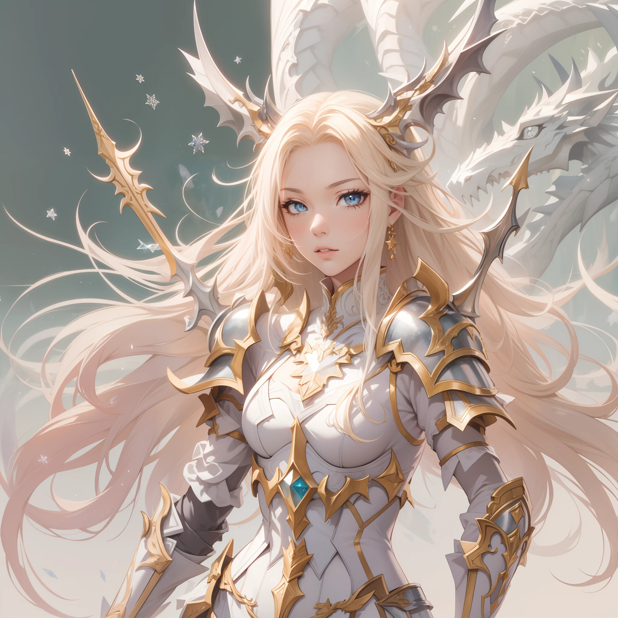 Masterpiece, Highest quality, Detailed face, CharacterDesignSheet，perfectly proportions，full bodyesbian，Full of details, Multiple poses and expressions, Highly detailed, Beautiful paladin girl，golden hair，Dragon's horn，Xuan Bing，Carry a two-handed greatsword，Pure white armor，Bride，Surrounded by ice crystals，Star decoration，Lace，lacepantyhose, High Balance,Natural light