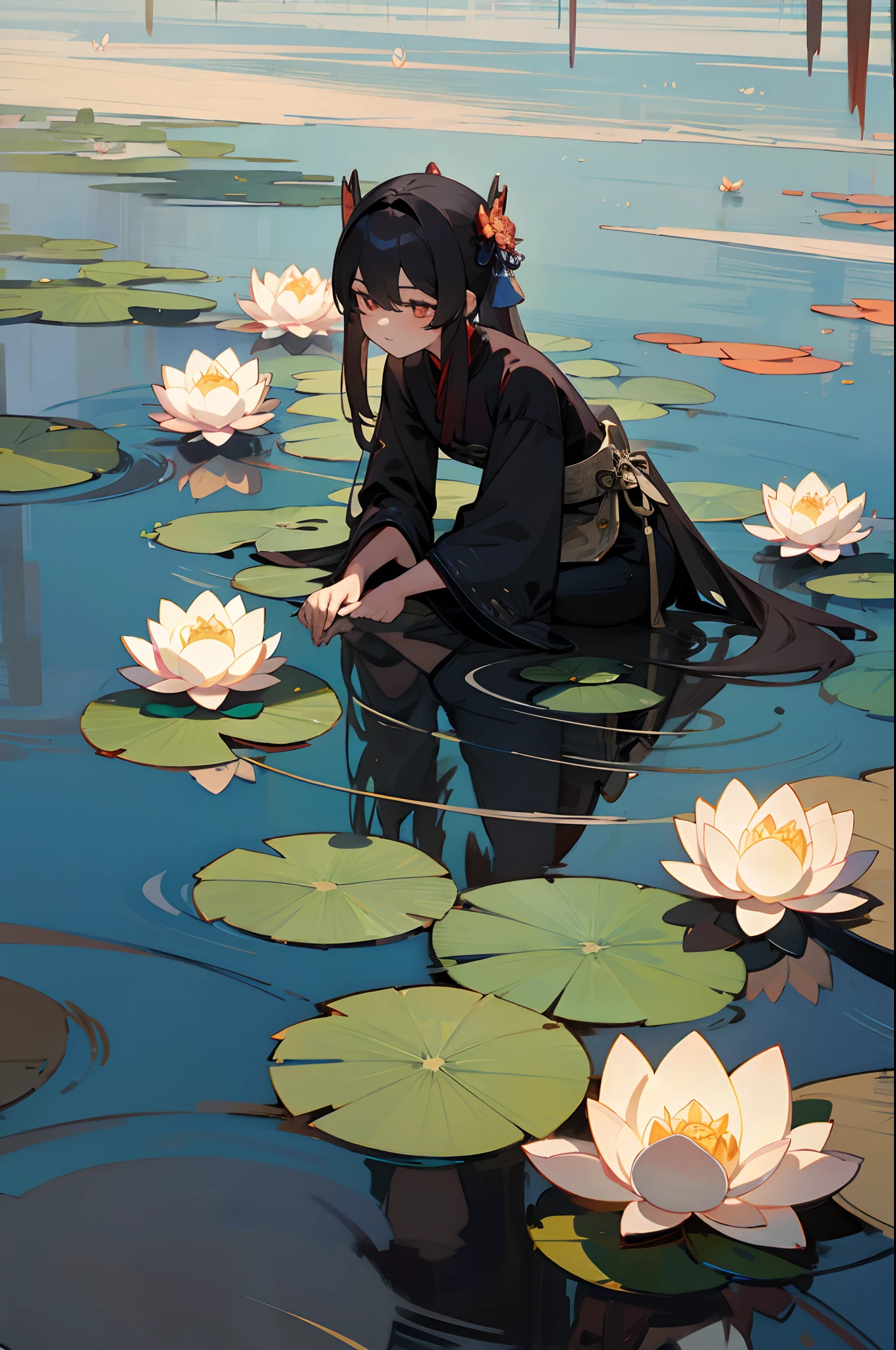 Ancient Chinese beauties sit on stones,wearing ancient Chinese costume,Hanfu,Flowing tulle,Light silk,Lazy posture,large lotus leaf,lotuses,Ink painting style,clean color,Decisive cut,Leave white space,impressionistic,tmasterpiece,ultra-detailliert,Epic composition, high qulity, HighestQuali, 4k --v 6