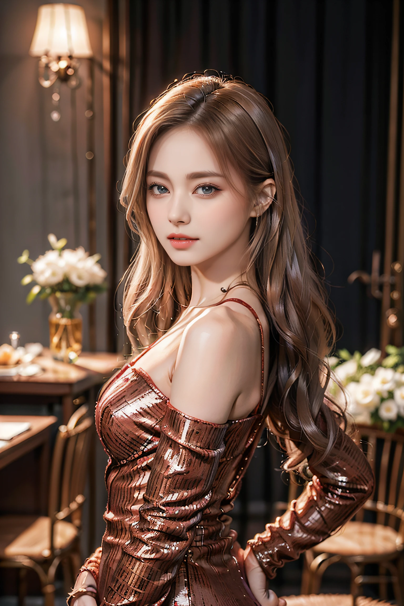 hyperrealistic, masterpiece, a highly detailed, sharp focus, a beautiful tan woman with beautiful very long blond hair in a ballroom at an opulent mansion. She is wearing an elegant gown, she looks beautiful like a photomodel, cinematic experience, looks like she is doing very well in life, high quality, awesome detail, 8k ultra HD, colourful double exposure, highly detailed, sharp focus, awesome full colour
