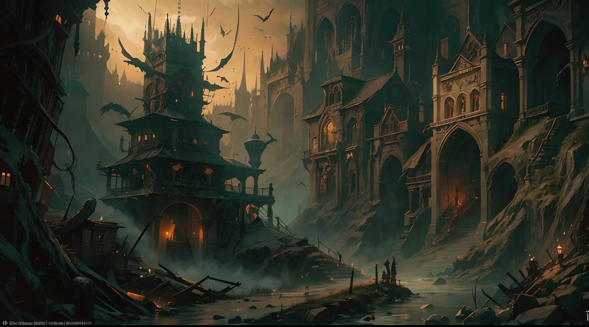 "(by Greg Rutkowski: 1.2), (masterpiece), (best quality), extremely delicate and beautiful, illustration, (fantasy landscape), A mesmerizing fantasy landscape with enchanting elements blending seamlessly. (dungeon full of screaming prisoners got tortured), (adorned with spooky atmosphere surrounded with bloods). A sense of dark and horror fills the air, inviting exploration and discovery, depth of field, HDR, intricate, delicate"