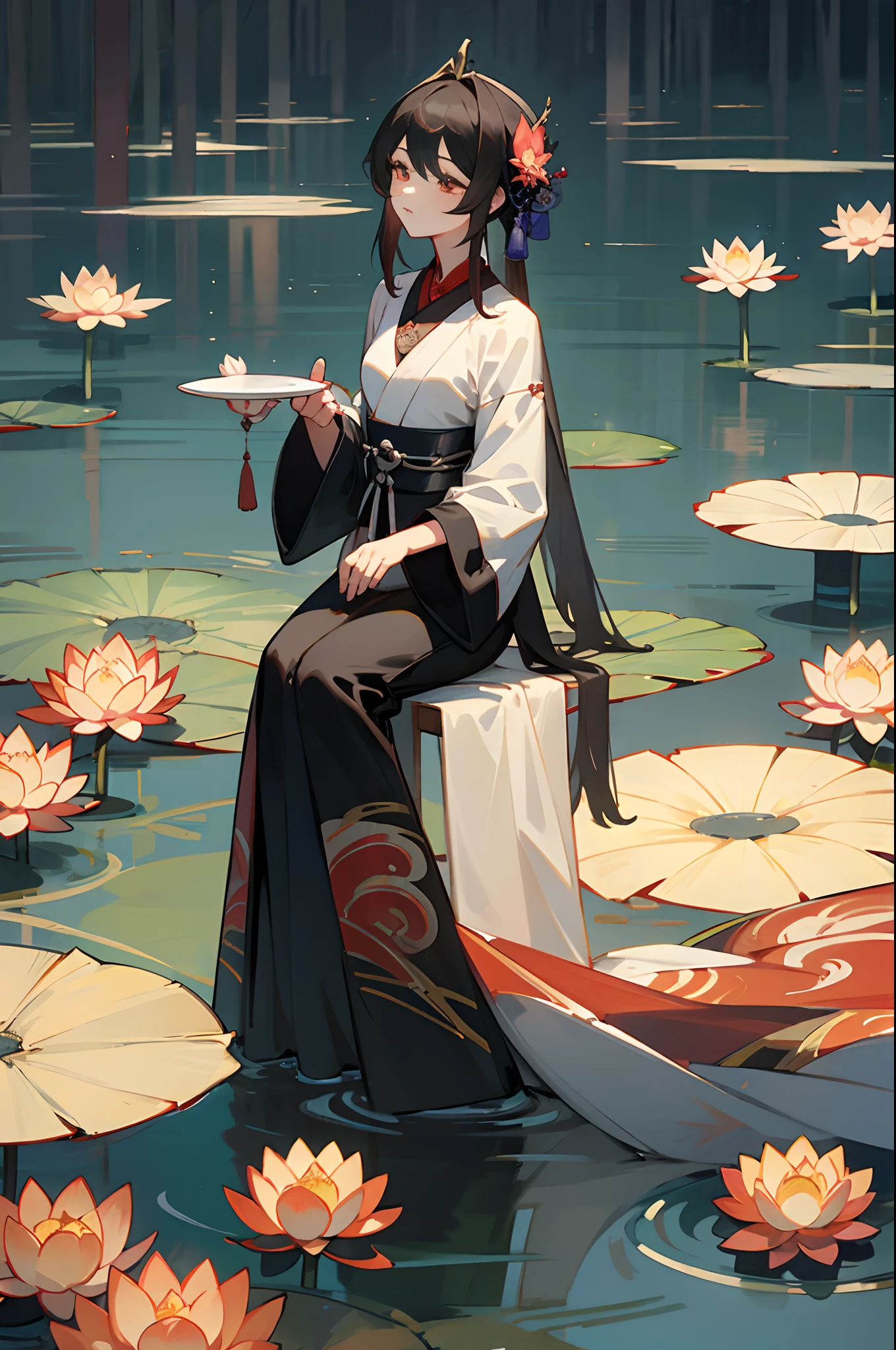 Ancient Chinese beauties sit on stones，wearing ancient Chinese costume，Hanfu，Flowing tulle，Light silk，Lazy posture，large lotus leaf，lotuses，Ink painting style，clean color，Decisive cut，Leave white space，impressionistic，tmasterpiece，ultra-detailliert，Epic composition, high qulity, HighestQuali, 4k --v 6