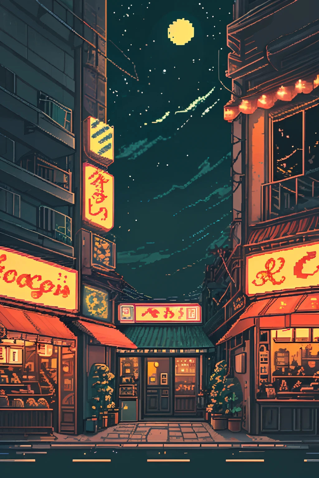 no humans, outdoors, sky, night, moon, plant, ramen shop, star (sky), night sky, scenery, city, sign, potted plant, wide shot, crescent moon, neon lights, pixel art, pixel