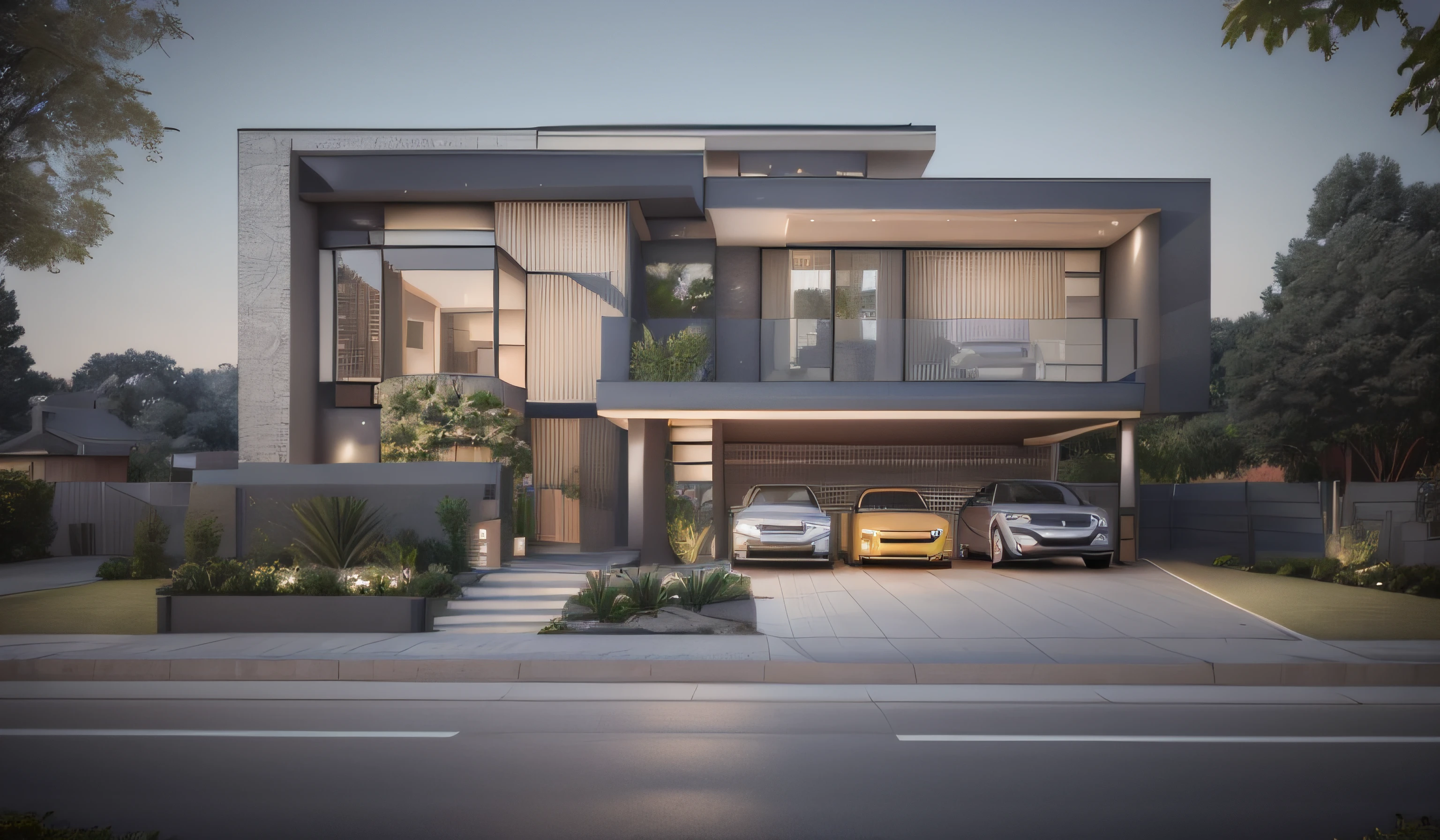 a rendering of a modern house with two cars parked in front, contemporary house, architectural visualization, modern house, architectural rendering, concept house, precise architectural rendering, architectural 3 d render, professional render, architectural render, large modern residence, modern style, realistic 3 d style, ultra modern, exterior design, high quality rendering, professional 3d render, architectural visualisation