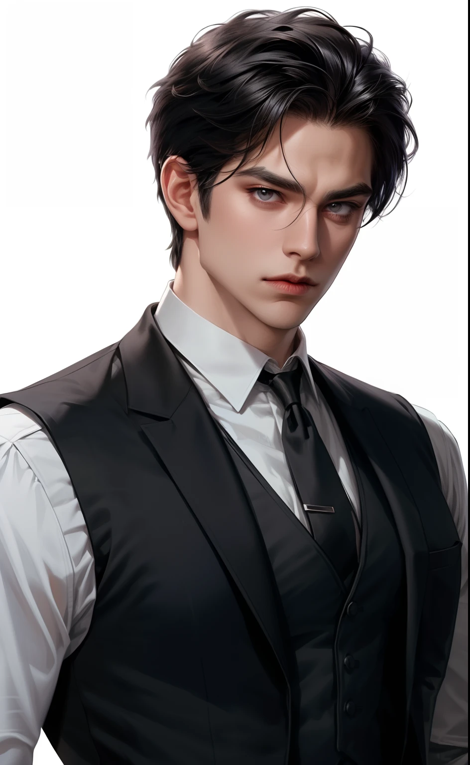 (masterpiece,bestquality,ultra_Detailed,highres,Absurd),1 male, 30-ish, (Wide shoulders), (muscular), male focus, bara, Black Hair, chains, shirt, Black tie, necktie, simple background, grey eyes, Upper body, vest, Short Hair Hair, looking at the audience, parted lips, collared shirt, long sleeve, black shirt, White background, Black vest, monocle, jewelry.