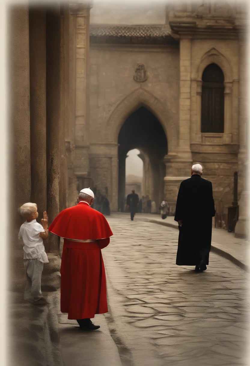 Best quality, Masterpiece, 超高分辨率, (photograph realistic:1.4), surrealism, Dream-like,fusionart, road,crossroad,with people coming and going,People become paintings,Draw with hands and feet,There are old people, children and adults,whoop,Pope Innocent X,There are all kinds of shoes,Identity has dignity and humility,large scene,Overlooking,Draw with hands and feet,