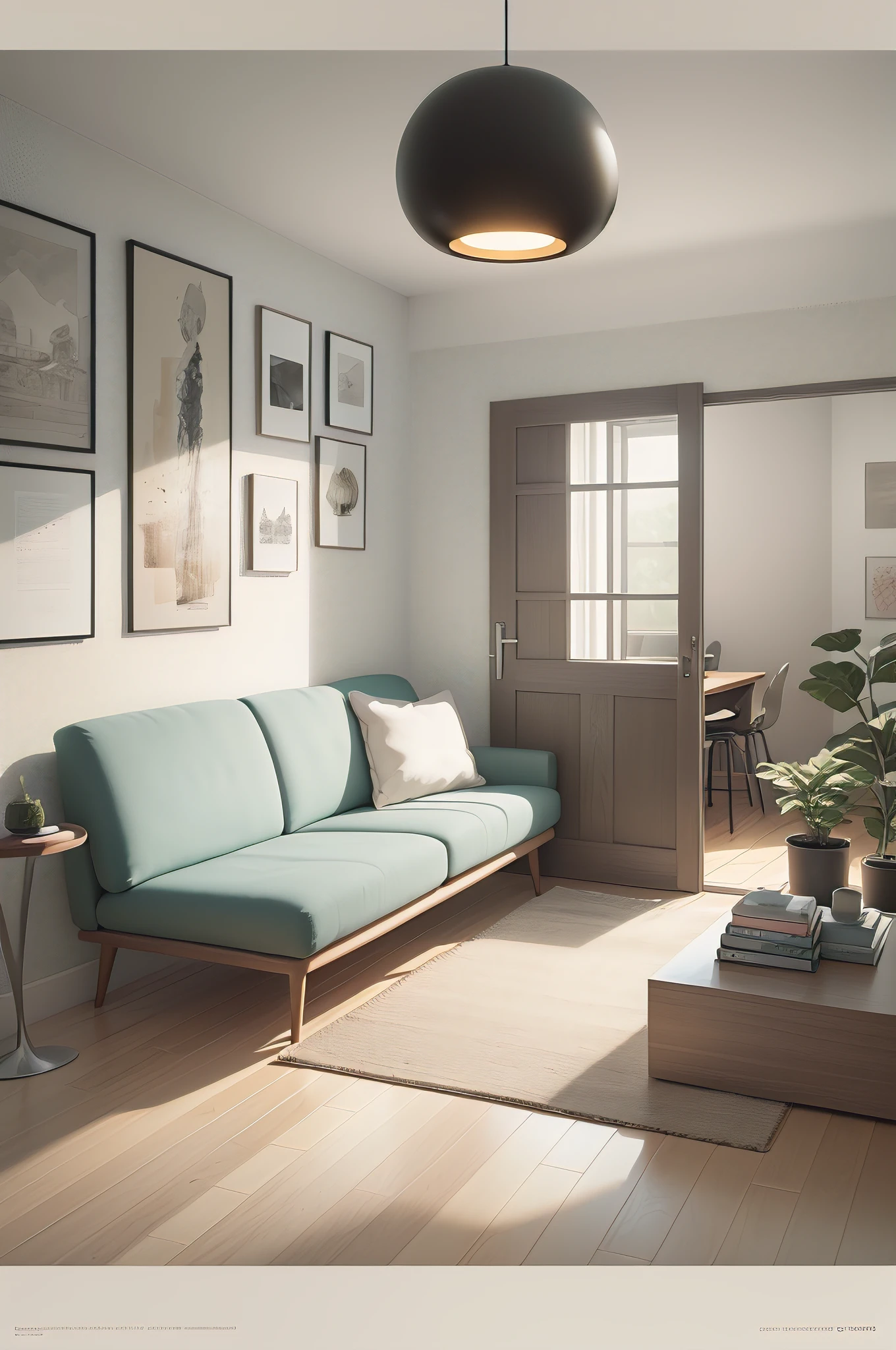 Beautiful modern living room，Cool white，（（（foster and partners，artist impression，artistic impression，Hamish MacDonald，Carey Morris，David Brewster，Higher detail illustration，Helen Berman，illustratio，A detailed illustration，Nick Fudge，Warren Mahi，artist impression））），Kitchen cabinet behind white sofa，There are few pictures on the wall， Linen curtains next to classroom windows，coffee table，carpets，ceiling with magnetic emissive lighting，White fabric PRB texture，wooden floor PRB texture，