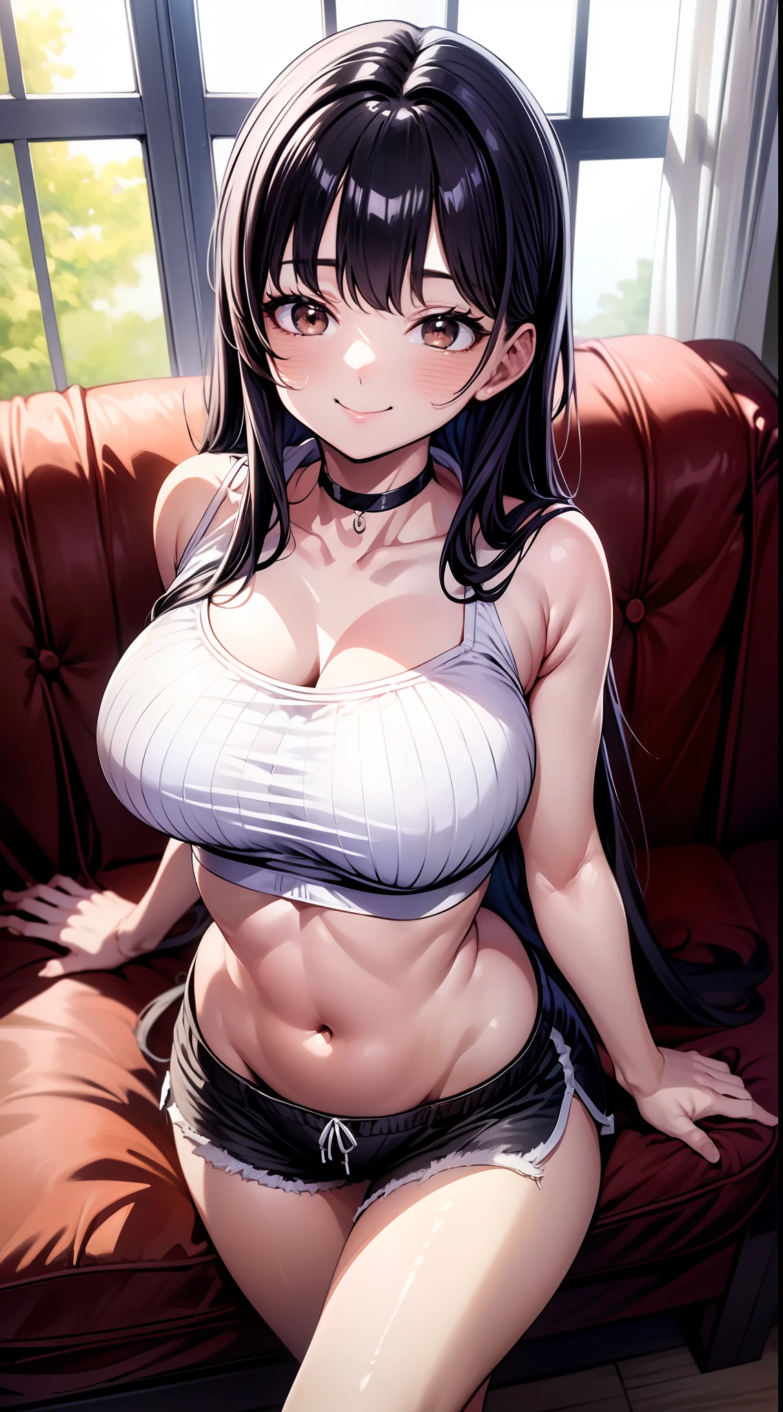 8k, highres, ultra detailed, (masterpiece:1.4), best quality, symmetrical body, (white cropped cotton camisole:1.4), (black short with white stripe:1.4), choker, cute, solo, long hair, dark purple hair, Brown eyes, glow effect, finely eye, wide smile, detailed face, looking at viewer, smilling at viewer, saloon, on the sofa, angled view, medium size breasts