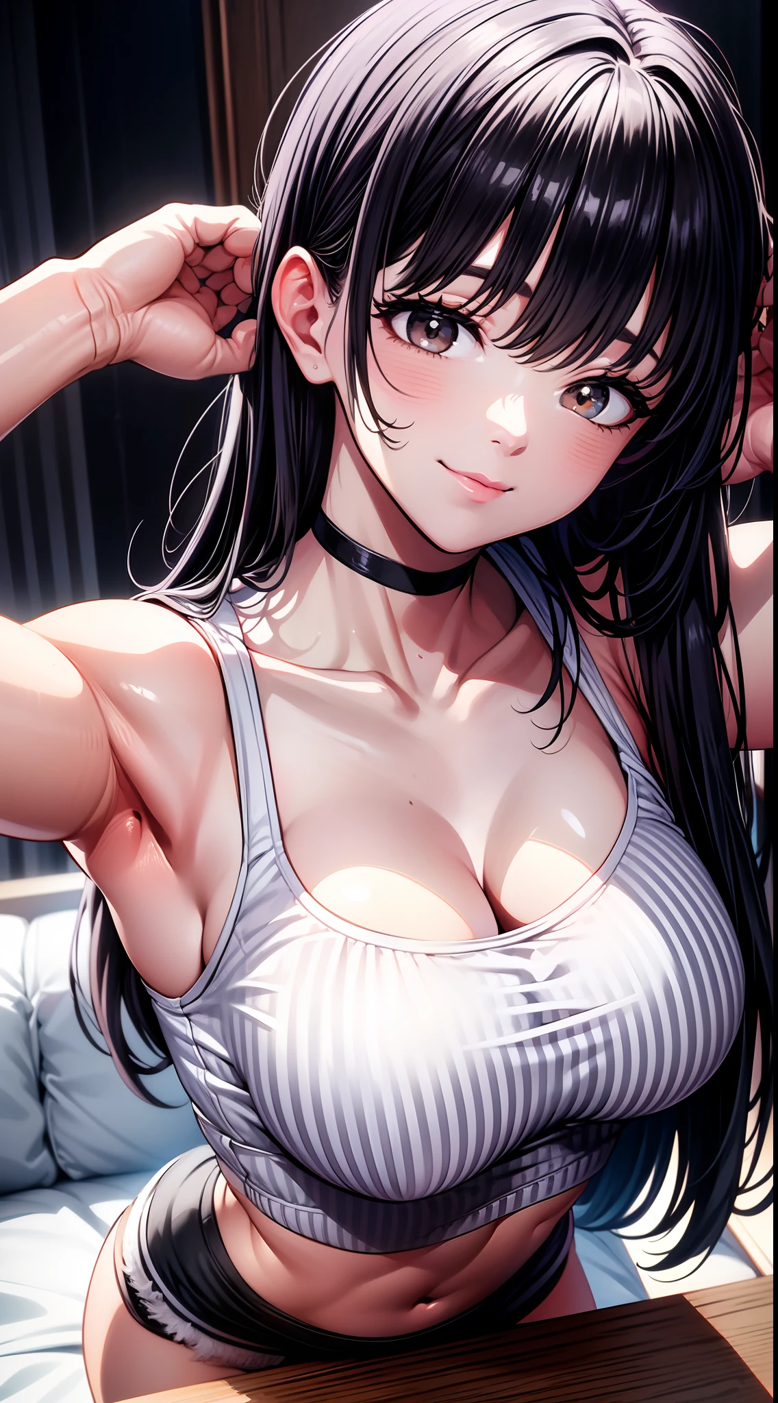 8k, highres, ultra detailed, (masterpiece:1.4), best quality, symmetrical body, (white cropped cotton camisole:1.4), (black short with white stripe:1.4), choker, cute, solo, long hair, dark purple hair, Brown eyes, glow effect, finely eye, wide smile, detailed face, looking at viewer, smilling at viewer, saloon, on the sofa, angled view, medium size breasts