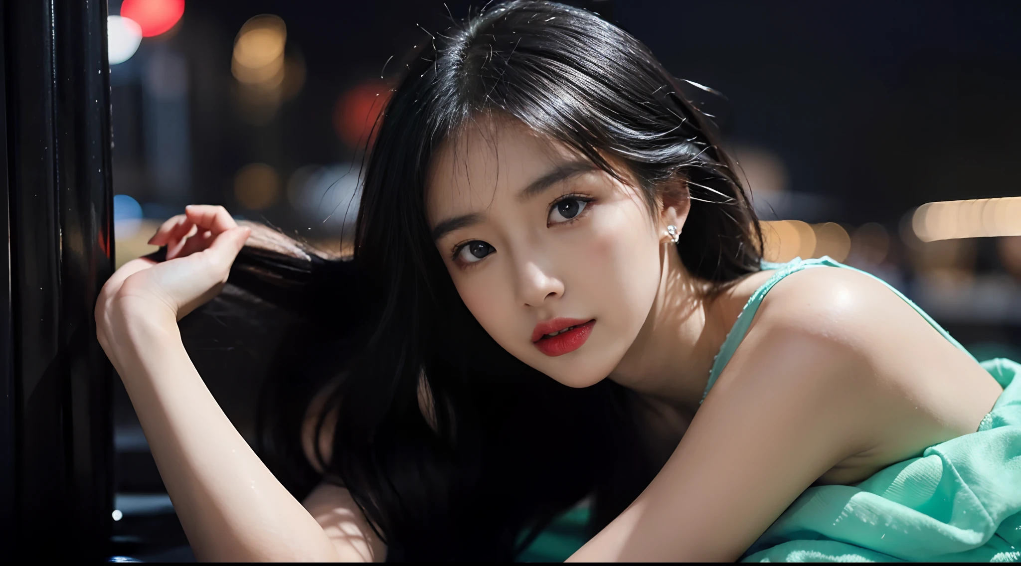 (tmasterpiece),Best quality at best,in 8k resolution,..3D,close-up,beautiful a girl,Naked,Leg Apart,lewdness,perfect body figure(Plum),((Beautiful detailed face)),(The upper part of the body:1.3),black color hair(Sweet and unorthodox),delicate makeup,Red Lip,Oily lips,long eyeslashes,silver earrings,big bright eyes,eyeshadows,Lying on a silkworm,cinematic lightings,Cute little girl,The master's work,hoog detail,The picture is colorful,Light and shadow details,Naked,A very delicate beautiful girl,Supple and fair skin,exquisite facial features,perfect faces,Stunning Beauty,highly detaile,realistic details,Fly over stunning cityscapes,,Blue hair,Neon-colored shooting stars,Very long hair,Cropped shoulders,Feather headdress,Neon color,glittering,Stunning night sky,