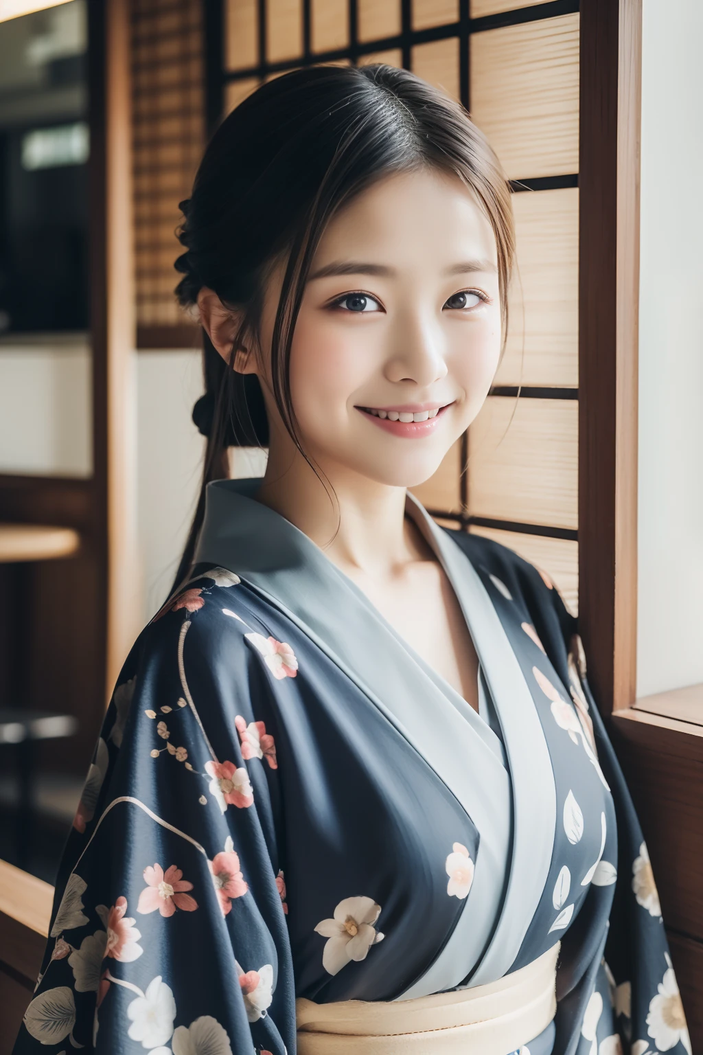 a 25 year old girl、kimono、yukata、Mature pattern、A slight smil、cafe、Beautuful Women、((top-quality、8K、masterpiece:1.3))、foco nítido:1.2、An ultra-high picture quality、top-quality、masterpiece、natural soft light、