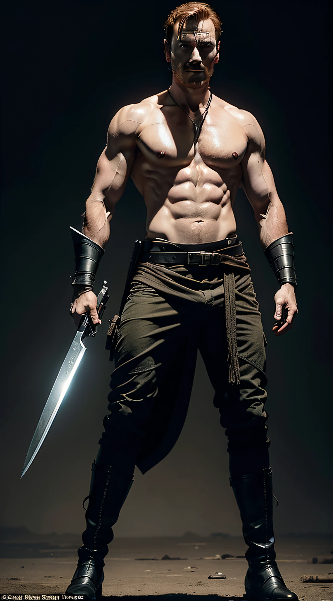actor (Michael Fassbender) as Kano, mercenary, has one red cybernetic eye, two knifes, naked torso, khaki trousers, black boots, intricate, high detail, sharp focus, dramatic, photorealistic painting art by greg rutkowski