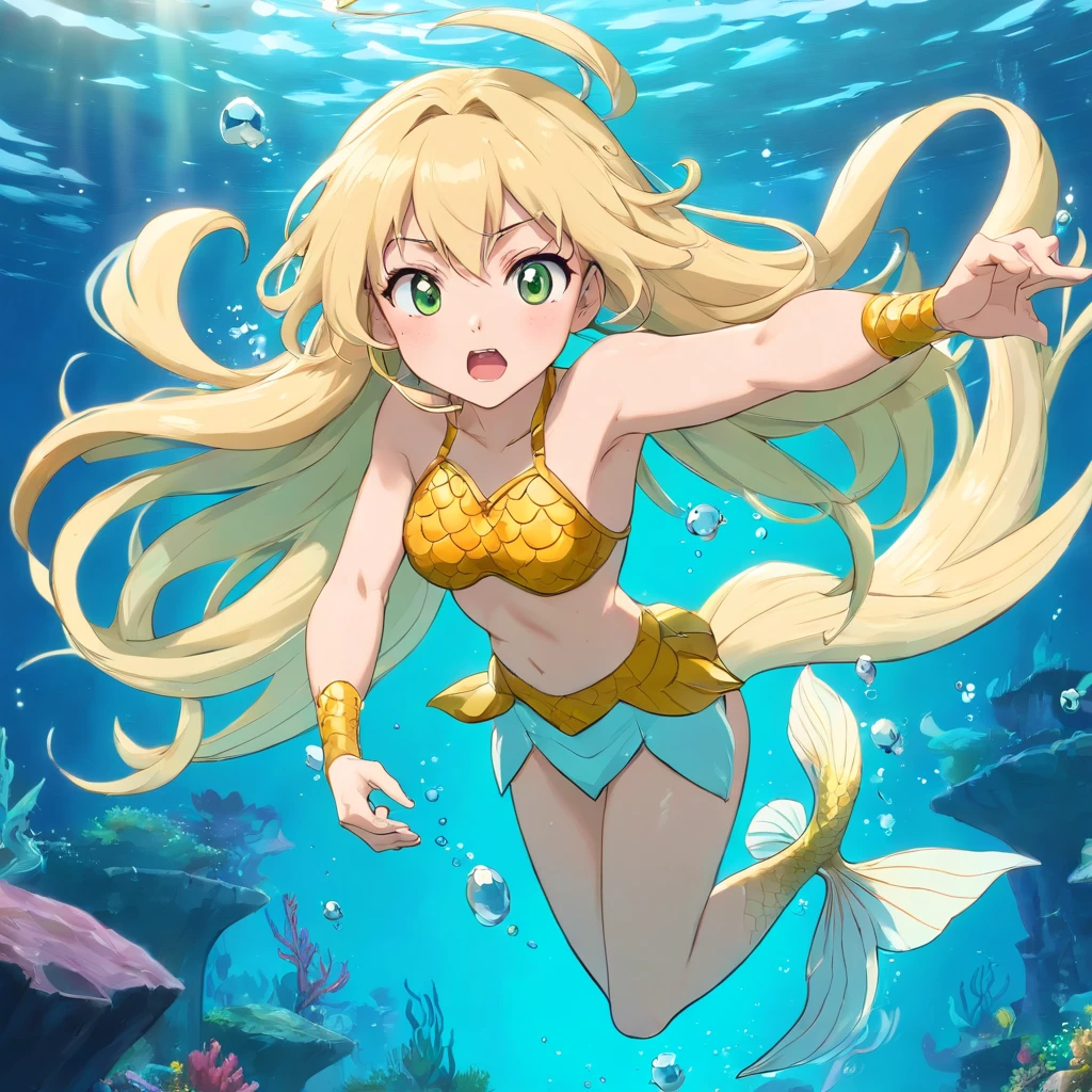 Mermaid girl anime, mermaids, Angry girl, Blonde girl, mermaids, waterpower, blonde flowing hair, flat anime style shading, anime woman, anime-style character, flat anime style, powerful posing, blond hairbl, Mermaid costume, powerful posing, aquatic, Powerful anime girl, Underwater