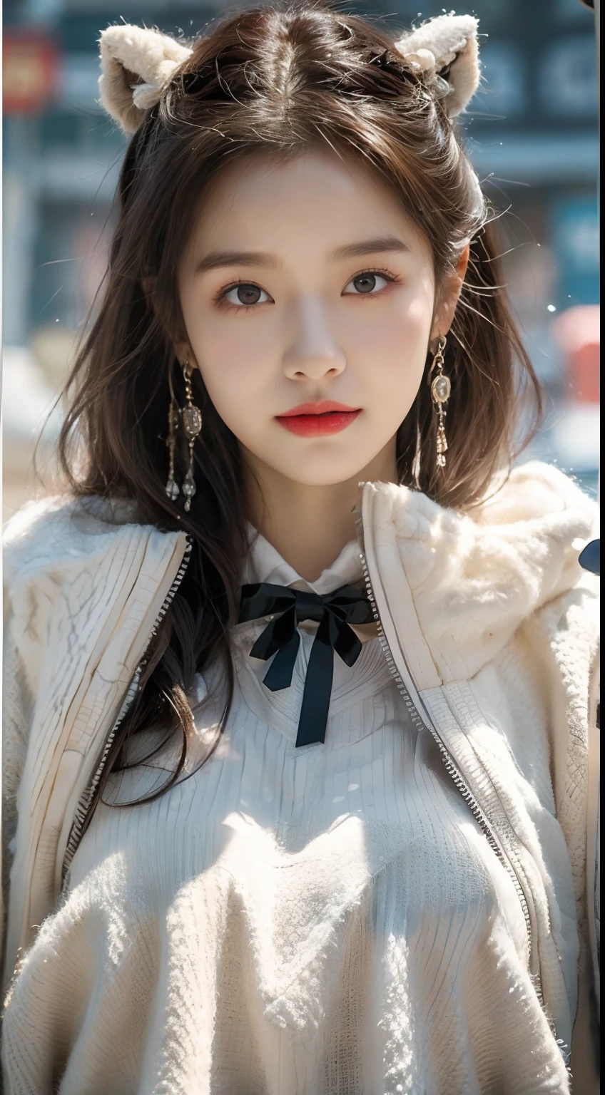 ((best qualtiy,tmasterpiece,超A high resolution)),(realisticlying:1.4),(Korean star poster-like),1girll,From head to knees,Dynamic posture,adult face,Slim,(ssmile),joy,Reflective eyes,(shiny skins),(contours,frontage),whaite hair,long whitr hair,黑The eye,Top fashion,((White plush coat)),Beautiful costumes,(ta costume),(short skirt),(Real drifting snow:1.5,snow cover,Simple street),(Clear eyes),(Clear nose),(Clear lips),(Fair skin),(Ultra-realistic textile textures),cinmatic lighting,35mm,offcial art,Incredibly Ridiculous res,hugefilesize,