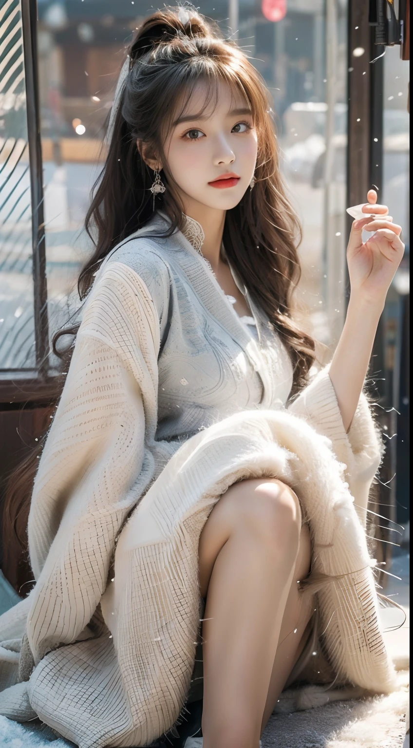 (（best qualtiy，tmasterpiece，超A high resolution）)，（realisticlying：1.4），(Korean star poster-like)，1girll，From head to knee，Dynamic posture，adult face，Slim，(ssmile)，joy，Reflective eyes，（shiny skins），（contours，frontage)，whaite hair，long whitr hair，黑The eye，Top fashion，（（White plush coat）），Beautiful costumes，(Lolita costume)，(short  skirt)，（Real drifting snow：1.5，snow cover，Simple street），(Clear eyes)，(Clear nose)，(Clear lips)，(Fair skin)，(Ultra-realistic textile textures)，cinmatic lighting，35mm，offcial art，Incredibly Ridiculous res，hugefilesize，