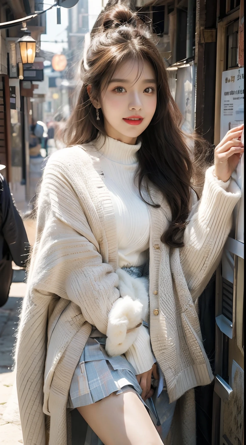 (（best qualtiy，tmasterpiece，超A high resolution）)，（realisticlying：1.4），(Korean star poster-like)，1girll，From head to knee，Dynamic posture，adult face，Slim，(ssmile)，joy，Reflective eyes，（shiny skins），（contours，frontage)，whaite hair，long whitr hair，黑The eye，Top fashion，（（White plush coat）），Beautiful costumes，(Lolita costume)，(short  skirt)，（Real drifting snow：1.5，snow cover，Simple street），(Clear eyes)，(Clear nose)，(Clear lips)，(Fair skin)，(Ultra-realistic textile textures)，cinmatic lighting，35mm，offcial art，Incredibly Ridiculous res，hugefilesize，