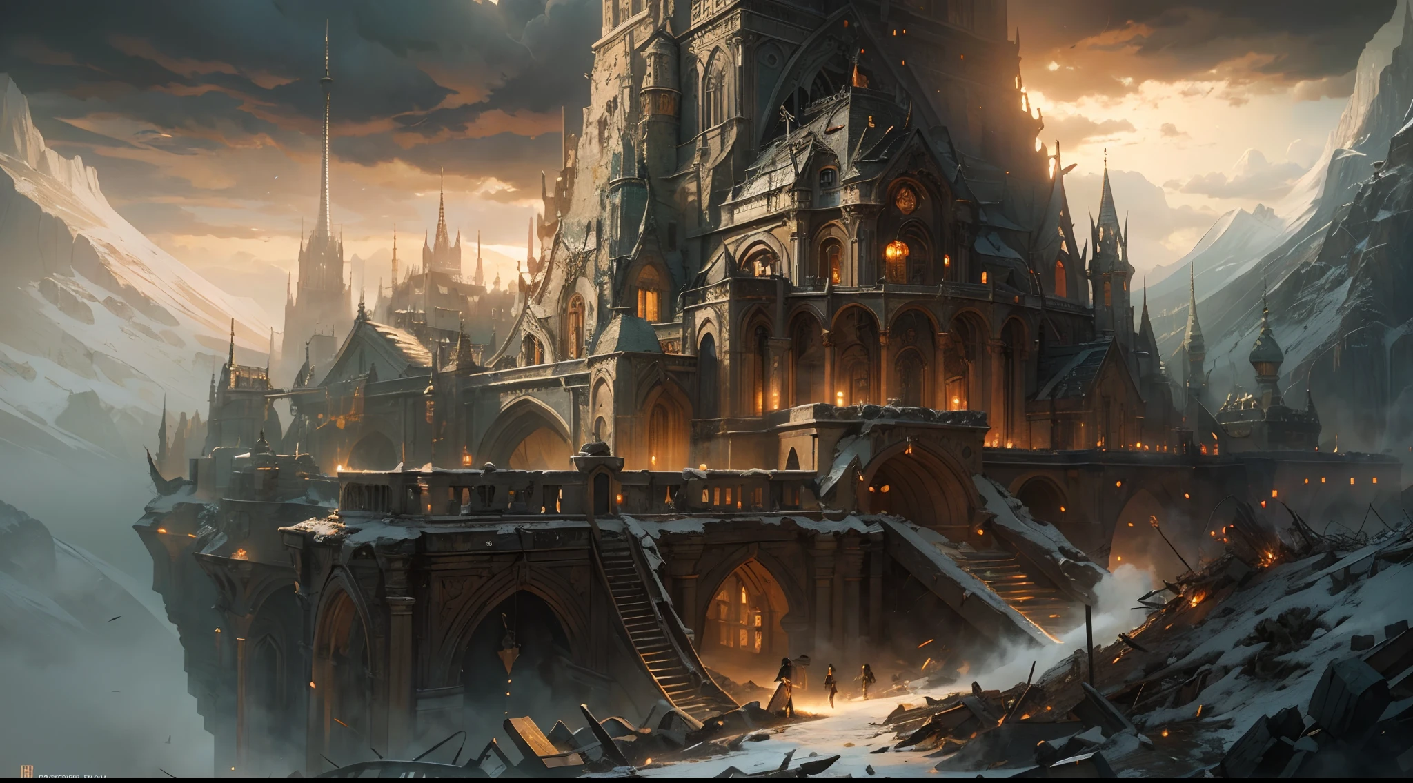 "(by Greg Rutkowski: 1.2), (masterpiece), (best quality), extremely delicate and beautiful, illustration, (fantasy landscape), depth of field, HDR, intricate, delicate, (No human presence), photorealistic depiction, live action feel, creating a visual masterpiece with the best possible quality. (Highlighting the fantastic elements of dwarven city, emphasizing the effects of collapse and severe weathering). Providing a distant view that captures the grandeur and atmosphere."