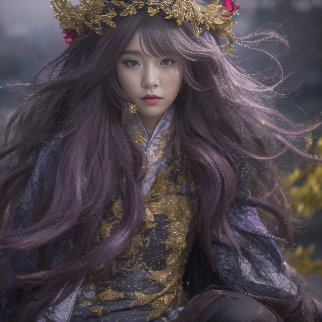 Agate glass texture 32K（tmasterpiece，k hd，hyper HD，32K）Long flowing bright purple hair，Autumn Pond，zydink， a color， Asian people （Kizi）， （Red scarf）， Combat posture， looking at the ground， long whitr hair， Floating bright purple， Fire cloud pattern gold tiara， Chinese long-sleeved gold silk garment， （abstract ink splash：1.2）， white backgrounid，Lotus protector（realisticlying：1.4），Bright purple hair，Smoke on the road，The background is pure， A high resolution， the detail， RAW photogr， Sharp Re， Nikon D850 Film Stock Photo by Jefferies Lee 4 Kodak Portra 400 Camera F1.6 shots, Rich colors, ultra-realistic vivid textures, Dramatic lighting, Unreal Engine Art Station Trend, cinestir 800，Long flowing bright purple hair