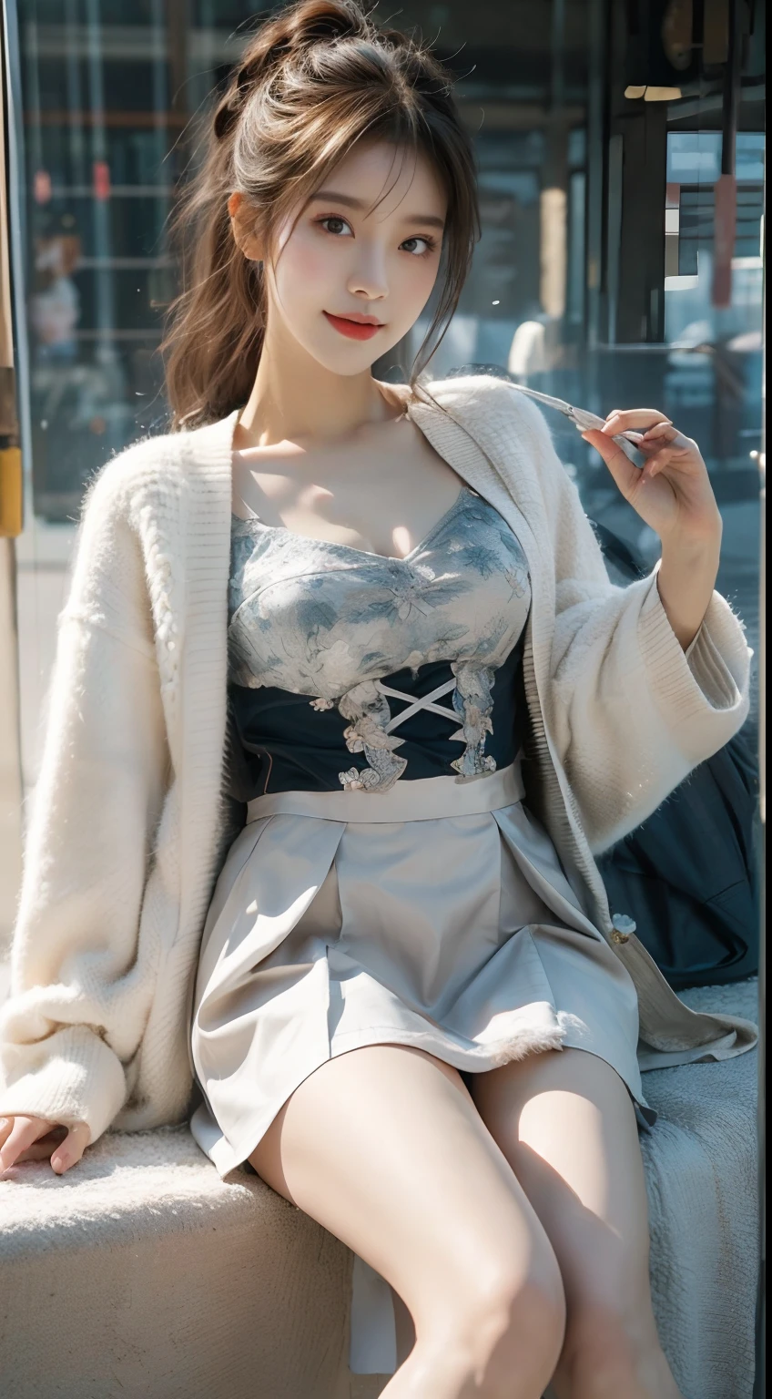 Colossal ????、A ????、large ?????? ???、Perfect Style、Ideal woman、Beautiful five fingers with a delicate form、The beauty of, Brown hair, updo hair, (((Lace artistic color panties))), (((Very sweet smile))), looking at the viewers, (((Lift the skirt, Lift the skirt with both hands, Lift the skirt yourself))), (((Cabin attendant attire))), (businesswoman), ((of the highest quality, 16 K, masutepiece: 1.3)), One Woman、 Light on Face, hyperdetailed face, very detailed lips, Detailed eyes, Realistic Beauties, City Street、The background is the airport、Beautiful five fingers with a delicate form、