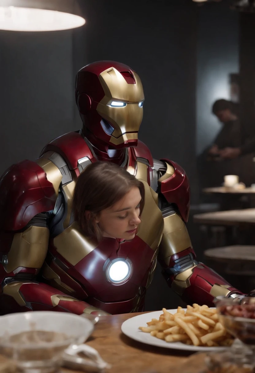 Marvel's somber half-length portrait of Iron Man behind a table with a plate of salchichas en trozos acompañado de papas fritas, with intricate angular cybernetic implants within a futuristic kitchen, cyberpunk, Foto premiada, Neon lights, cybernetic limb, obra maestra, UHD, 32K, ultrarrealista, HQ 4K, Renderizado en Unreal Engine 4K HQ, Renderizado en Unreal Engine 4K HQ, Arte conceptual 4K e hiperrealismo, Renderizado 4K detallado, Ironman, ArtStation 4K, Renderizado 4K de alto detalle, Tendencias 4K en la sede de ArtStation, Extremadamente fotorrealista