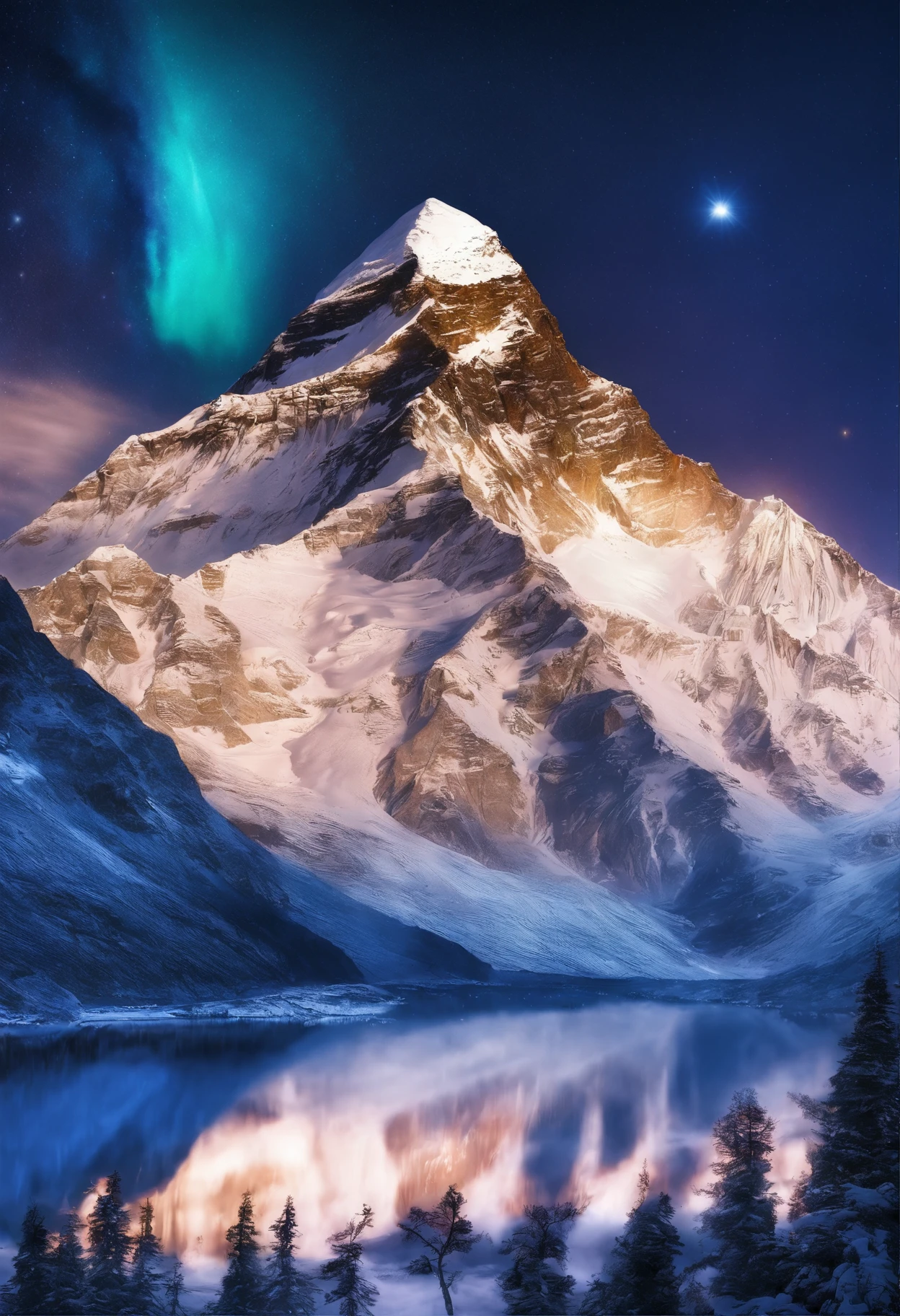 Mount Everest, Snow Mountain, lake, reflection on lake, aurora, night sky, star, (masterpiece:1.2), (vibrant:1.2), highly detailed, amazing wallpapers, surrealism