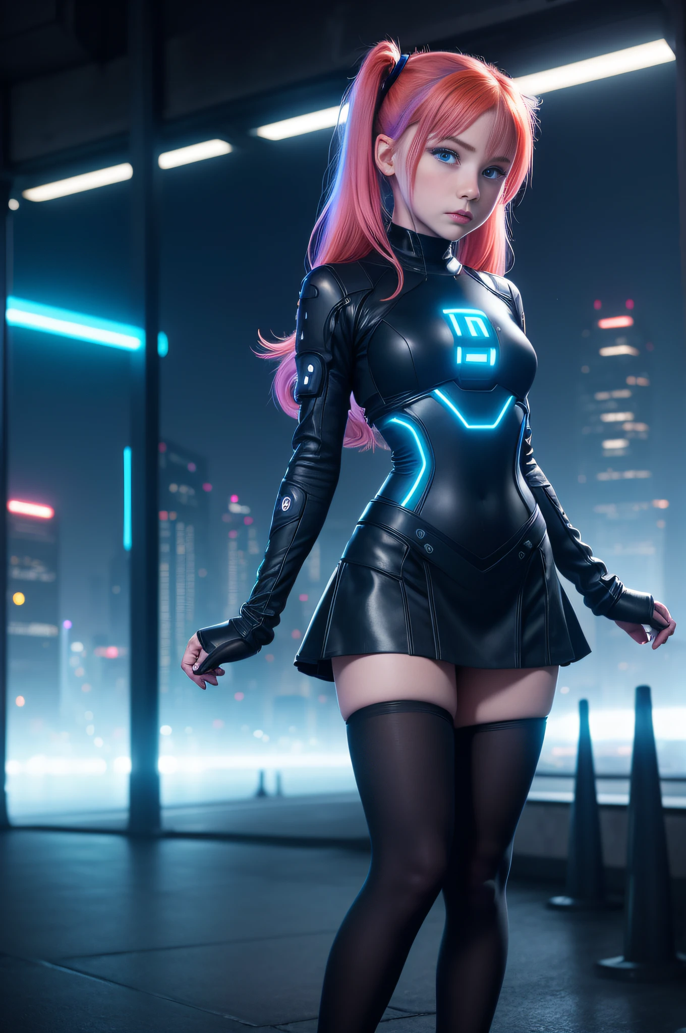 1 girl, solo, (nsfw), cute redhead 18-year-old girl in twin tails, ((perfect female body)), (cute face make up), multiple (rainbow colored hair: 1.2), (beautiful detailed blue eyes: 1.6), (photo realistic eyes: 1.6), happy, Ukrainian, (petite body), ((small hips)), pale white skin, (mini skirt and tube top), (matte pantyhose: 1.6), (("TRON LEGACY futuristic city" style background)), (night time:1.2), photo realistic.