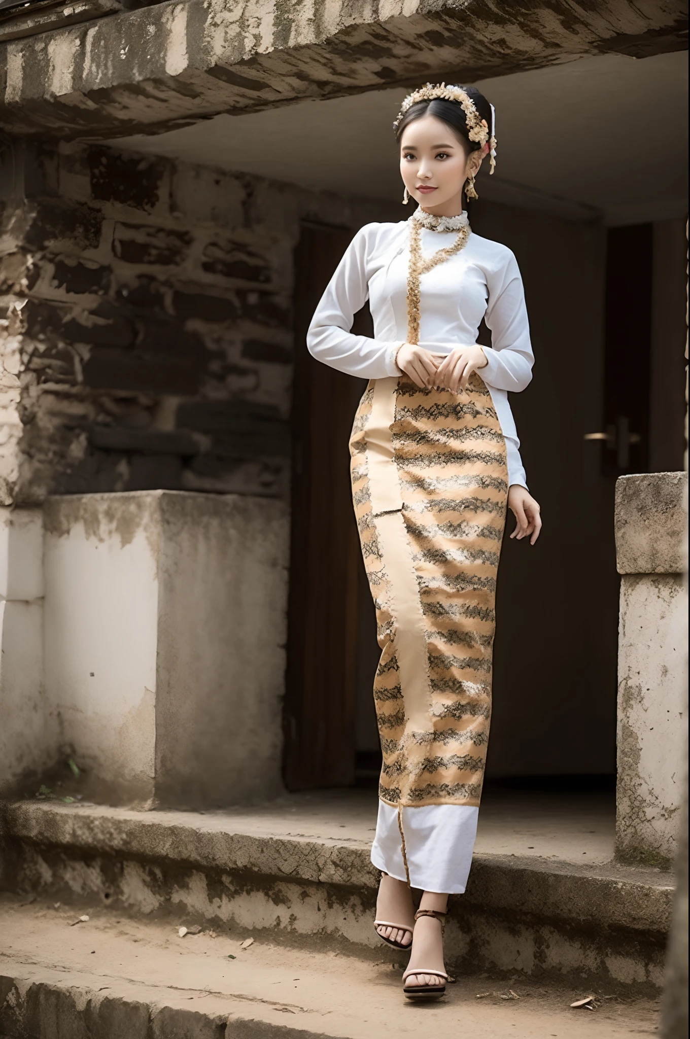 (best quality,4k,8k,highres,masterpiece:1.2),ultra-detailed,(realistic,photorealistic,photo-realistic:1.37),clear lines,light and dark photography,canon photography,crystal clear,detailed eyes and lips,beautiful woman,Tai dress,Shan dress,traditional dress,slim fit dress,Pretty Buttocks, long Hair, Instagram Pattern Pose, standing cute pose, confident, slim girl, big tits:1.2, perfect anatomy, perfect symmetry:1.2, Realistic, realistic face:1.3, perfect face, content, confident, very detailed, and dramatic, cinematic lighting, Lighting scene, soft lights
graceful movement, full body photography, (((masterpiece :1.5))), vibrant colors,exquisite embroidery,detailed patterns,graceful posture,serene expression,natural lighting,rich textures,depth and dimension,warm color tones,gorgeous background scenery,beautiful garden,floral elements,fine brushstrokes,artistic composition,natural poses,photogenic,model-like appearance, full body photography, photorealistic ...