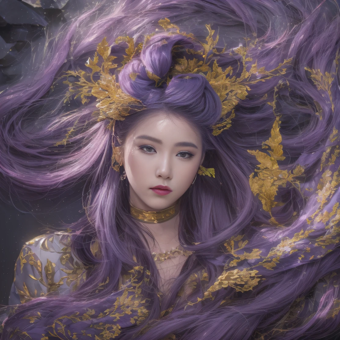 Agate glass texture 32K（tmasterpiece，k hd，hyper HD，32K）Long flowing bright purple hair，Autumn Pond，zydink， a color， Asian people （Kizi）， （Red scarf）， Combat posture， looking at the ground， long whitr hair， Floating bright purple， Fire cloud pattern gold tiara， Chinese long-sleeved gold silk garment， （abstract ink splash：1.2）， white backgrounid，Lotus protector（realisticlying：1.4），Bright purple hair，Smoke on the road，The background is pure， A high resolution， the detail， RAW photogr， Sharp Re， Nikon D850 Film Stock Photo by Jefferies Lee 4 Kodak Portra 400 Camera F1.6 shots, Rich colors, ultra-realistic vivid textures, Dramatic lighting, Unreal Engine Art Station Trend, cinestir 800，Long flowing bright purple hair