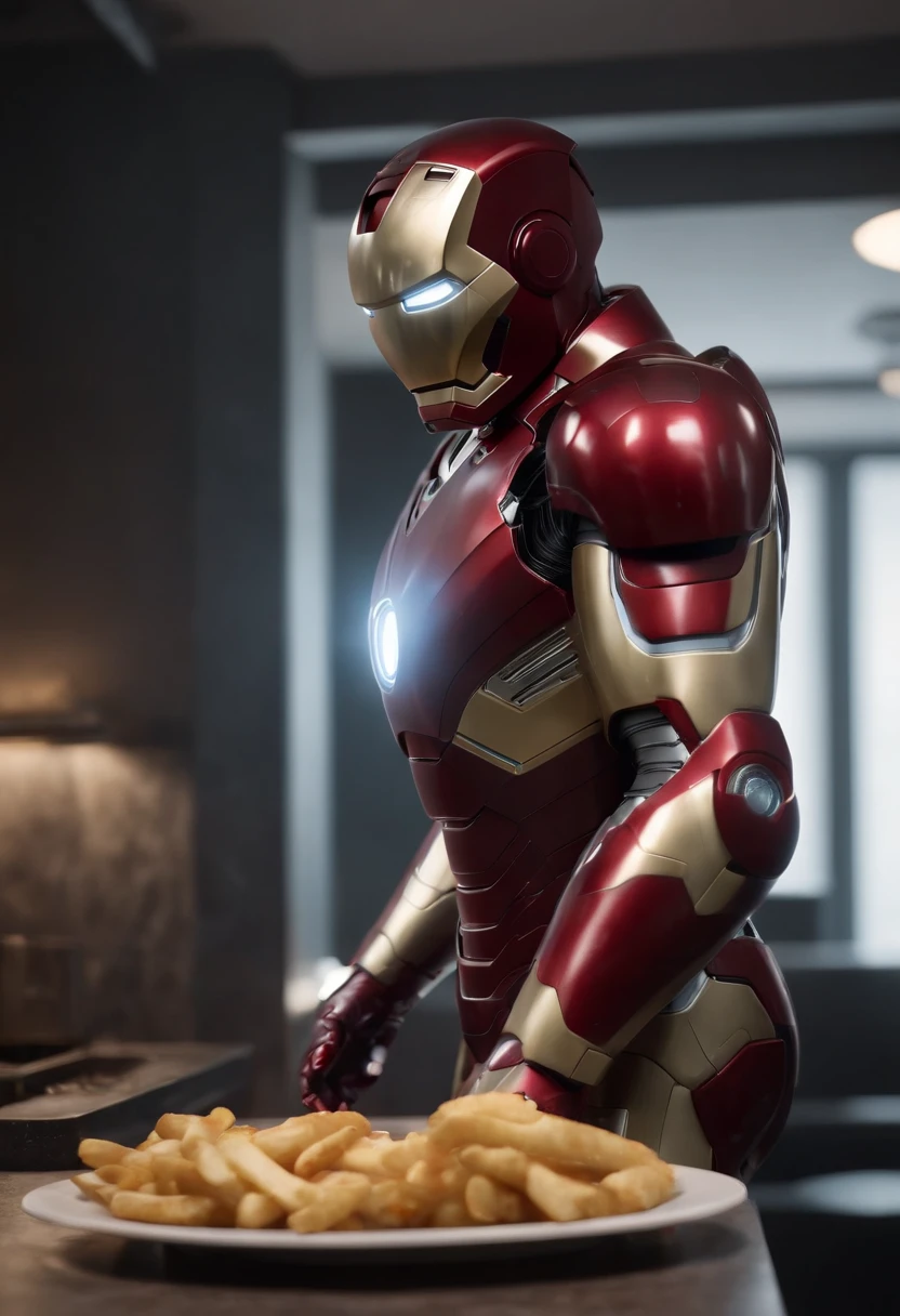 Marvel's somber half-length portrait of Iron Man behind a table with a plate of salchichas en trozos acompañado de papas fritas, with intricate angular cybernetic implants within a futuristic kitchen, cyberpunk, Foto premiada, Neon lights, cybernetic limb, obra maestra, UHD, 32K, ultrarrealista, HQ 4K, Renderizado en Unreal Engine 4K HQ, Renderizado en Unreal Engine 4K HQ, Arte conceptual 4K e hiperrealismo, Renderizado 4K detallado, Ironman, ArtStation 4K, Renderizado 4K de alto detalle, Tendencias 4K en la sede de ArtStation, Extremadamente fotorrealista
