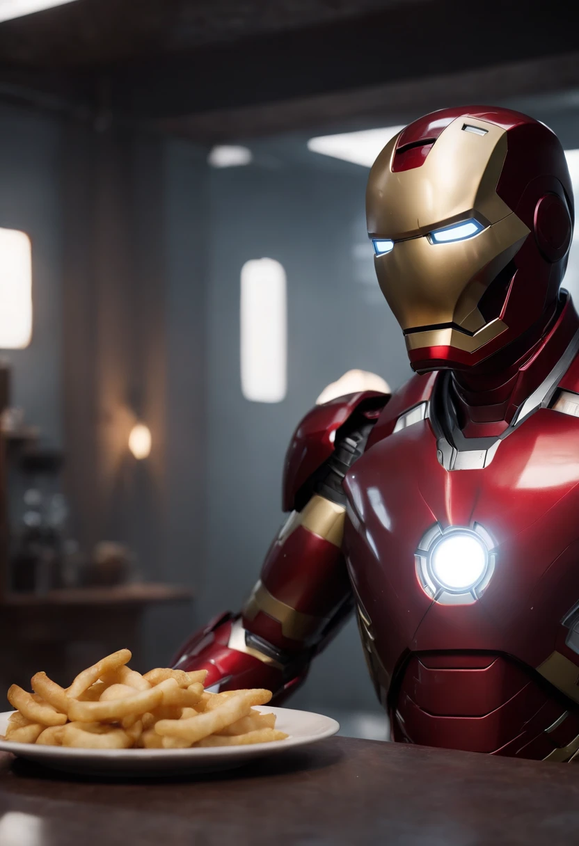 Marvel's somber half-length portrait of Iron Man behind a table with a plate of salchichas en trozos acompañado de papas fritas, with intricate angular cybernetic implants within a futuristic kitchen, cyberpunk, Foto premiada, Neon lights, cybernetic limb, obra maestra, UHD, 32K, ultrarrealista, HQ 4K, Renderizado en Unreal Engine 4K HQ, Renderizado en Unreal Engine 4K HQ, Arte conceptual 4K e hiperrealismo, Renderizado 4K detallado, Ironman, ArtStation 4K, Renderizado 4K de alto detalle, Tendencias 4K en la sede de ArtStation, Extremadamente fotorrealista