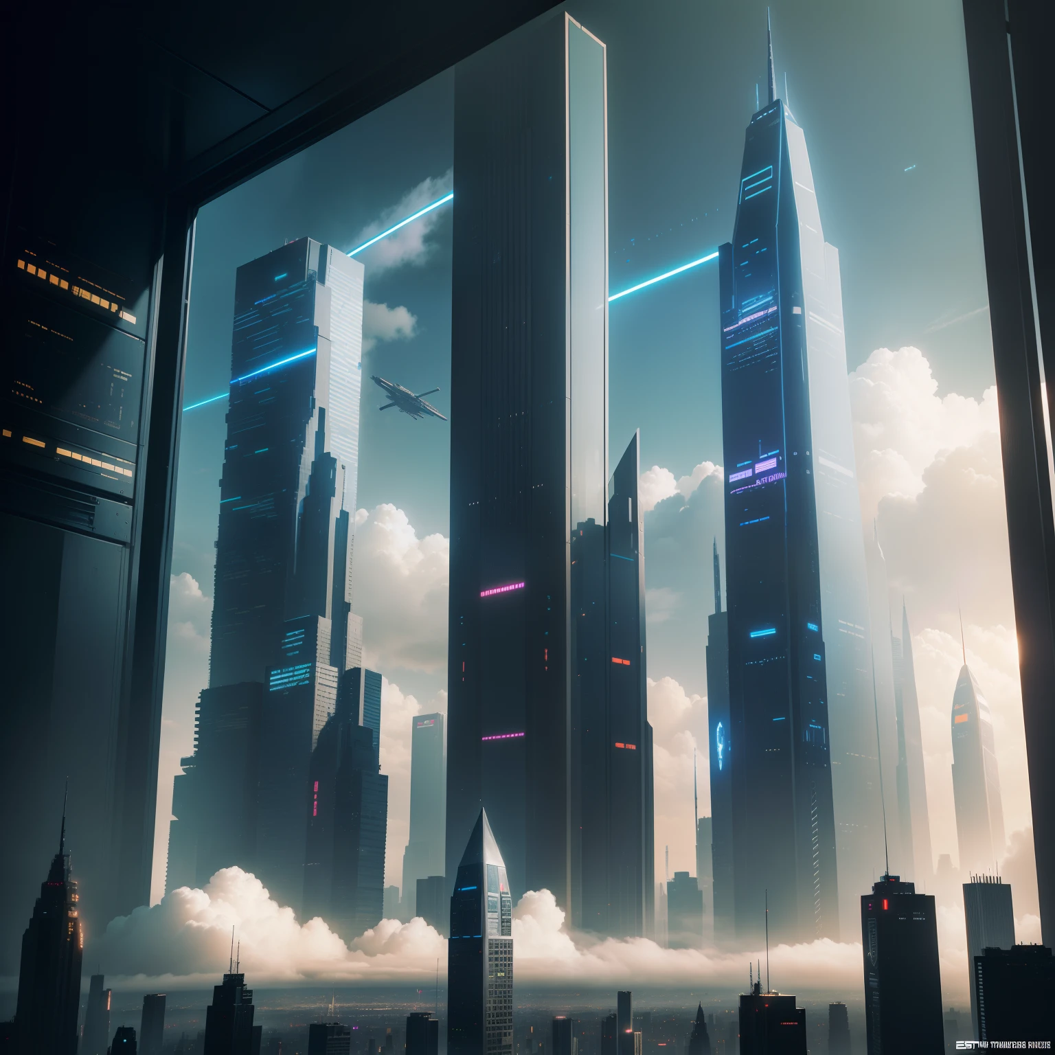 cyberpunked、SFart by、top-quality、masterpiece、Skyscrapers towering through the clouds、Glass-walled skyscrapers、StarWars、Fantasia、Beautiful city、planet earth、Space City、8K、