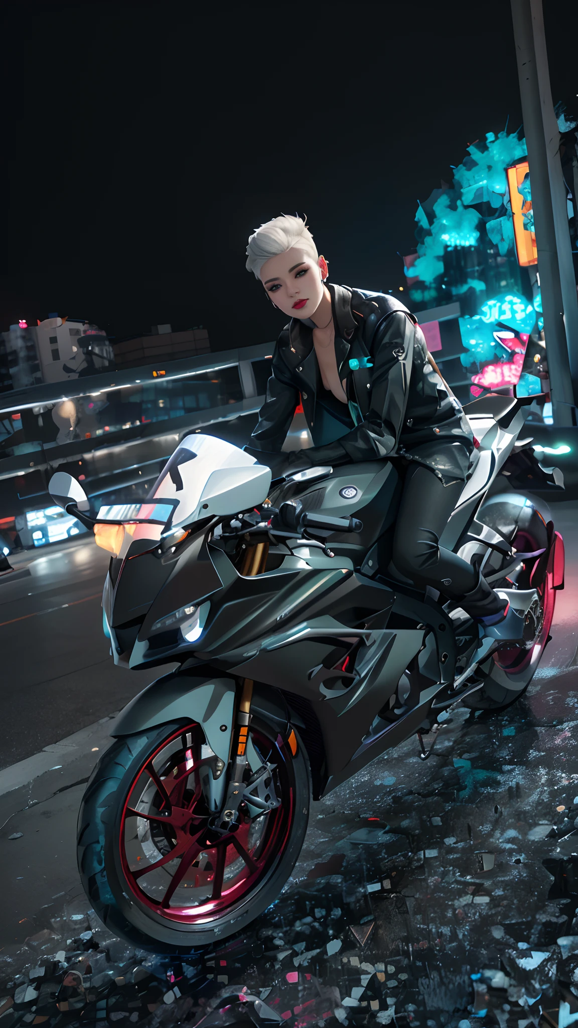 masterpiece, best quality, Confident cyberpunk girl, full body shot, ((standing in front of motorcycle)), Harajuku-inspired pop outfit, bold colors and patterns, eye-catching accessories, trendy and innovative hairstyle, vibrant makeup, Cyberpunk dazzling cityscape, skyscrapers, neon signs, LED lights, bright and vivid color scheme, anime, illustration, detailed skin texture, detailed cloth texture, beautiful detailed face, intricate details, ultra detailed.