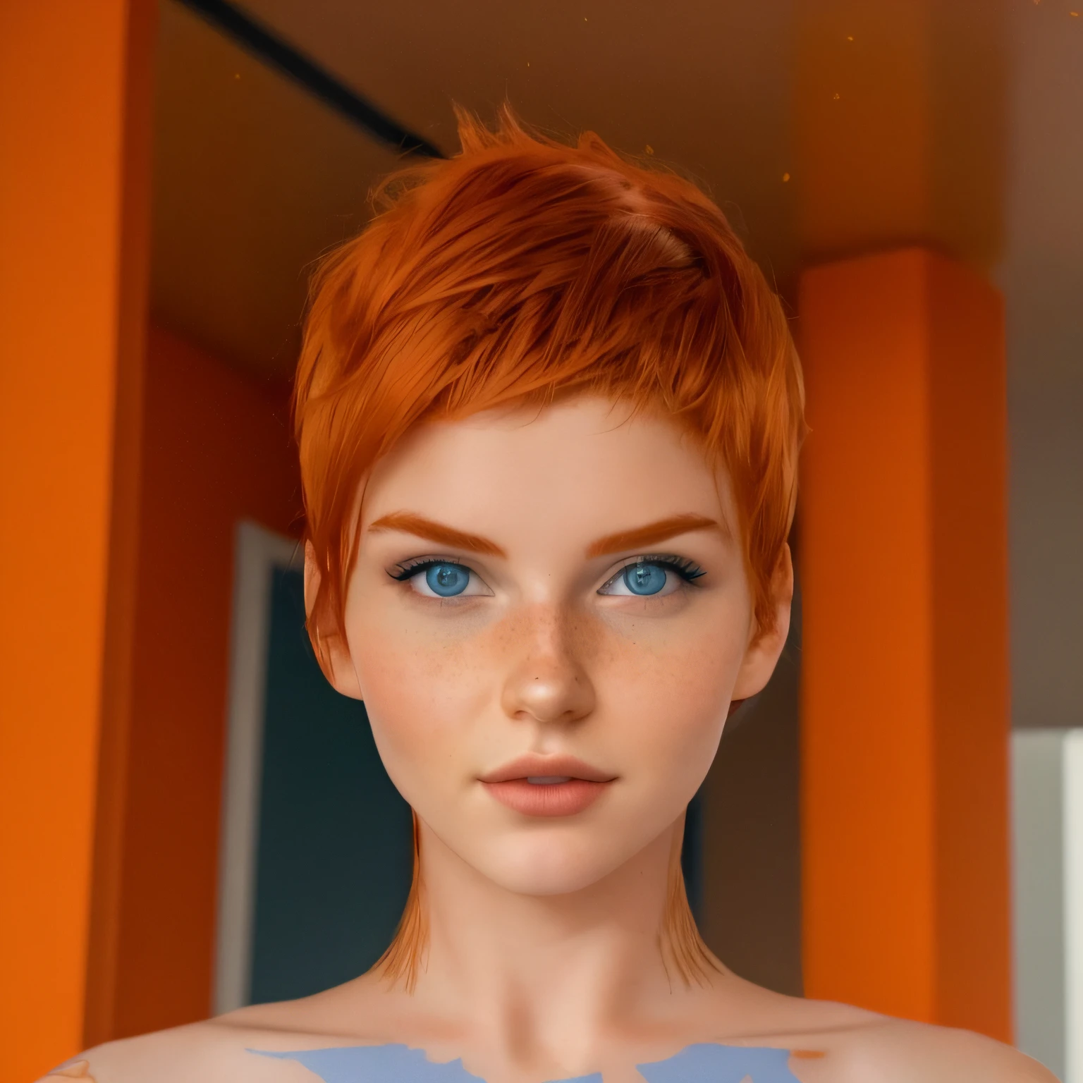 There is a woman with red hair and blue eyes, orange head, com o rosto muito detalhado, rosto realista altamente detalhado, cabelo laranja espetado, LEELOO, single realistic face, rosto realista humano, maquiagem. Motor irreal, rosto detalhado preciso, Rosto altamente detalhado de 8k, rosto realista e detalhado, rosto realista detalhado, orange hair, rosto detalhado e realista