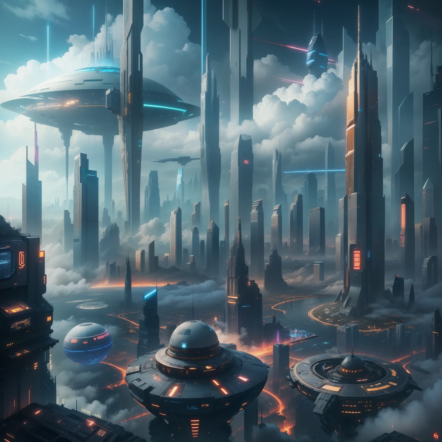cyberpunked、SFart by、top-quality、masterpiece、Skyscrapers towering through the clouds、Glass-walled skyscrapers、StarWars、Fantasia、Beautiful city、planet earth、Space City、8K、