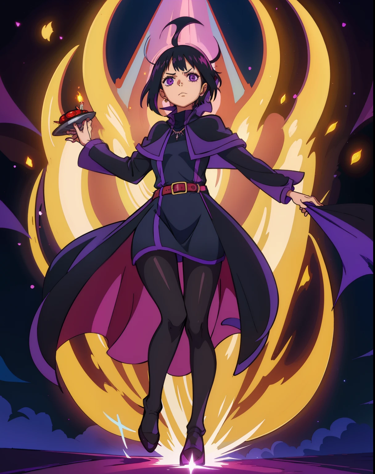 disdainful sorceress. bindi. short black hair. purple hood up. purple cape. black turtleneck dress. light gray pantyhose. performing a ritual in her dark bedroom. dim flickering candles. volumetric light. looking scornfully at viewer.