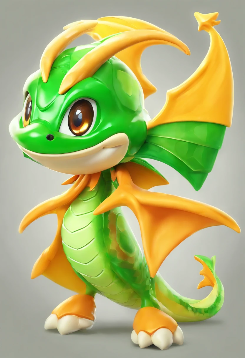 Manta Ray, orange horns, green and green scales, green dragon wings, yellow glowing eyes, best quality, masterpiece