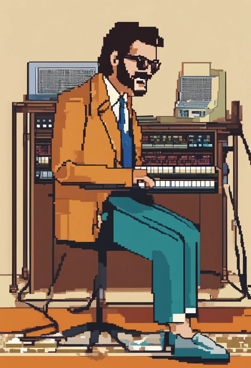 funny keyboardist, descabelado, 1960s style colors, highes definition, super detalhista
