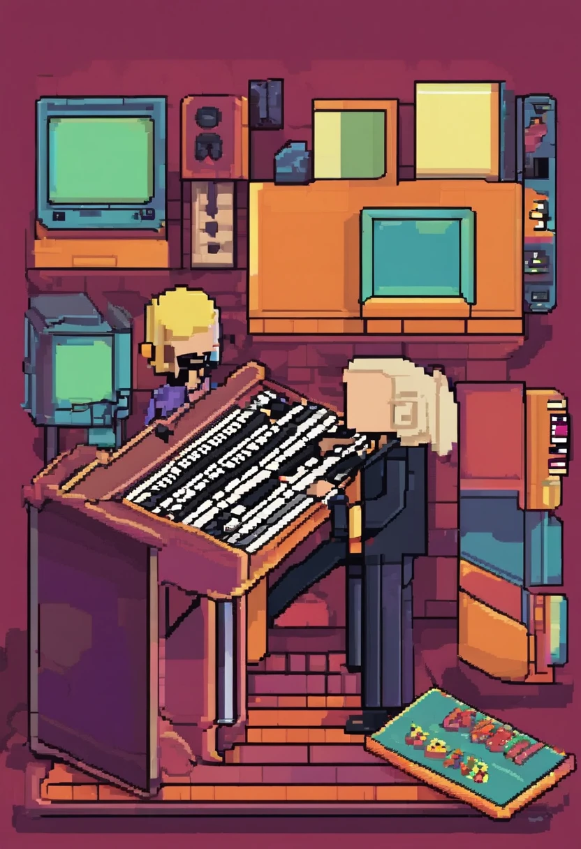 funny keyboardist, descabelado, 1960s style colors, highes definition, super detalhista