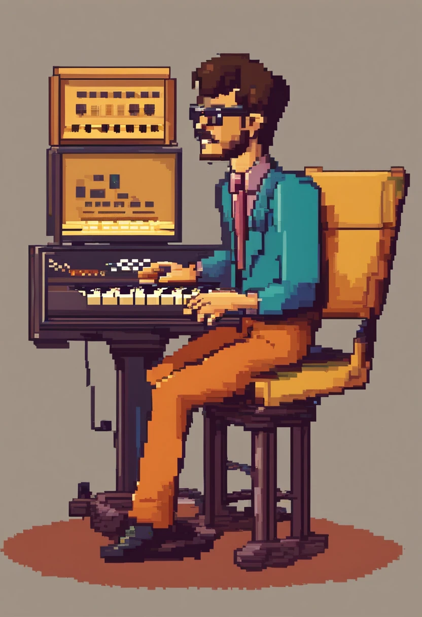 funny keyboardist, descabelado, 1960s style colors, highes definition, super detalhista