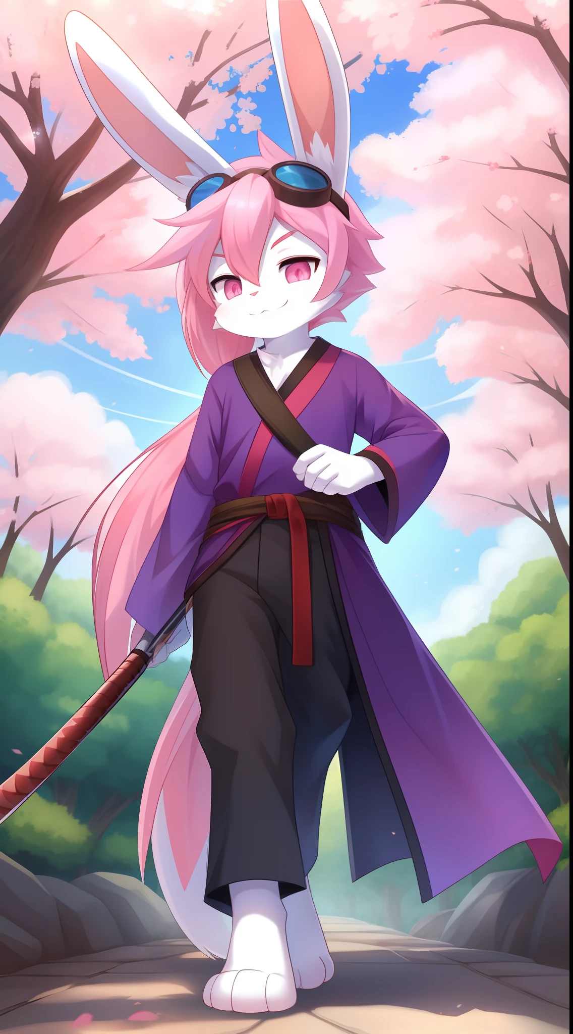 Furry shota, rabbit, long rabbit ears, pink hair, long spiky ponytail, spiky hair, detailed body fur, Pink eyes, purple kimono, close clothes, black hakama pants, goggles, masterpiece, looking at you, white body fur, detailed face, big eyebrows, detailed eyes, detailed body, no muscles, sakura tree forest, clear sky, detailed hands, flat body, glistering body, shiny body, skinny, spectacular effects, sassy face, :D, paws whit three toes, full body, katana on hand, holding a katana,