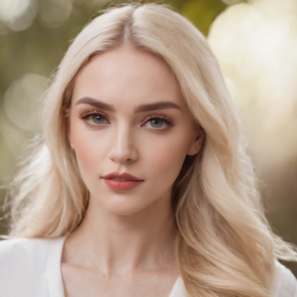 a woman with long blonde hair and a white shirt, big bold thick eyebrows, long blonde hair and large eyes, with professional makeup, a blond, blonde hair and large eyes, kailee mandel, she has blond hair, most beautiful woman on earth, brunette with dyed blonde hair, ava max, with long blond hair
