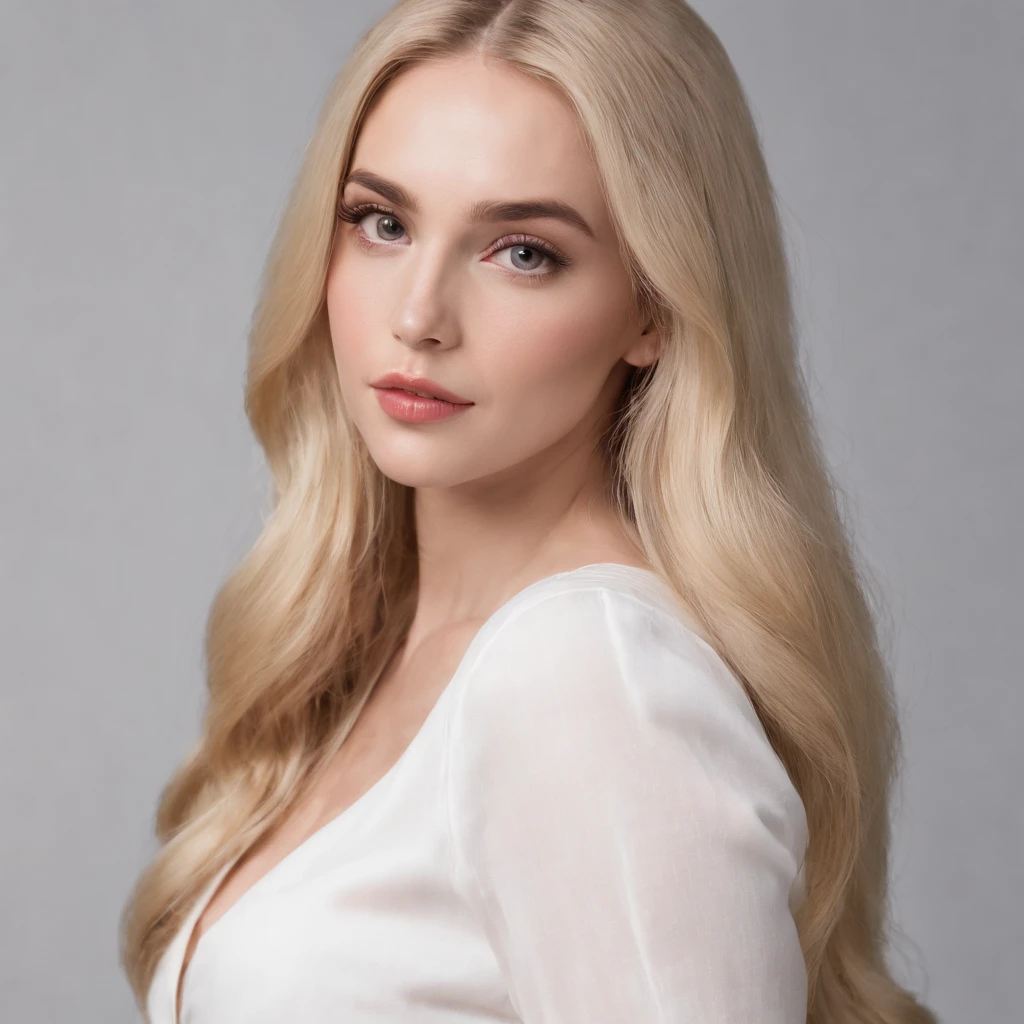 a woman with long blonde hair and a white shirt, big bold thick eyebrows, long blonde hair and large eyes, with professional makeup, a blond, blonde hair and large eyes, kailee mandel, she has blond hair, most beautiful woman on earth, brunette with dyed blonde hair, ava max, with long blond hair