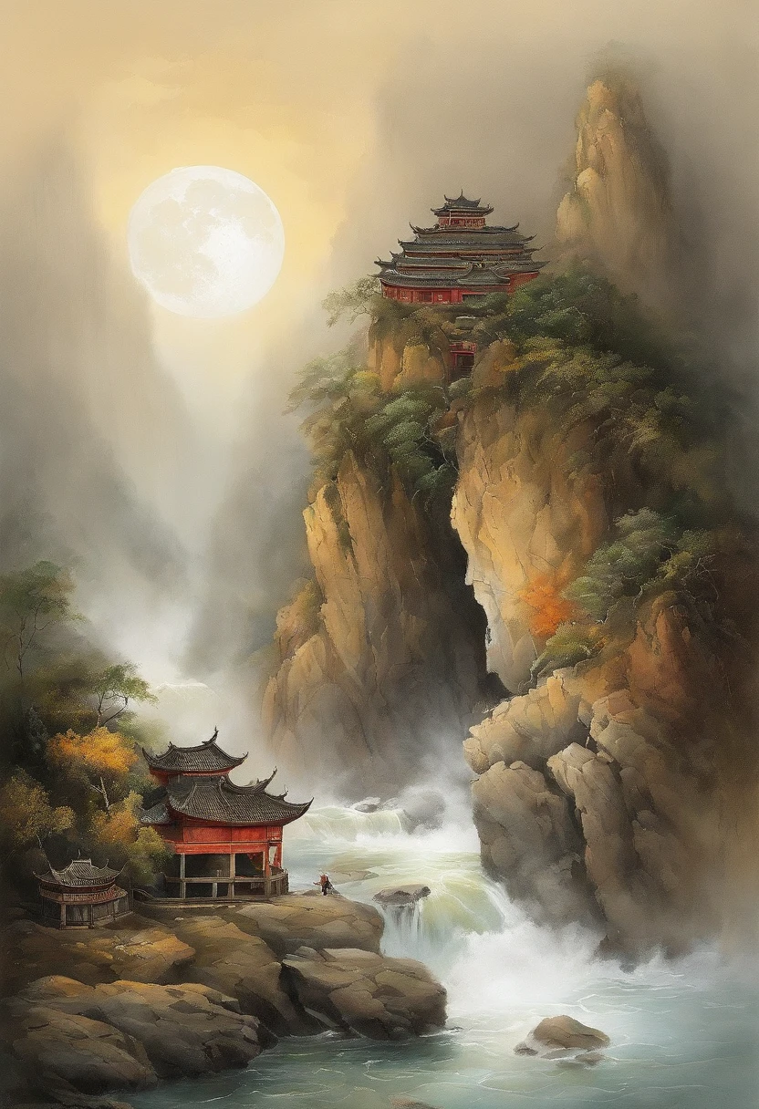 (Tang Feng),China-style,National tide,(A cliff illuminated by a huge moon),Ultra-long-range viewing angle,No Man,scenecy,best qualtiy