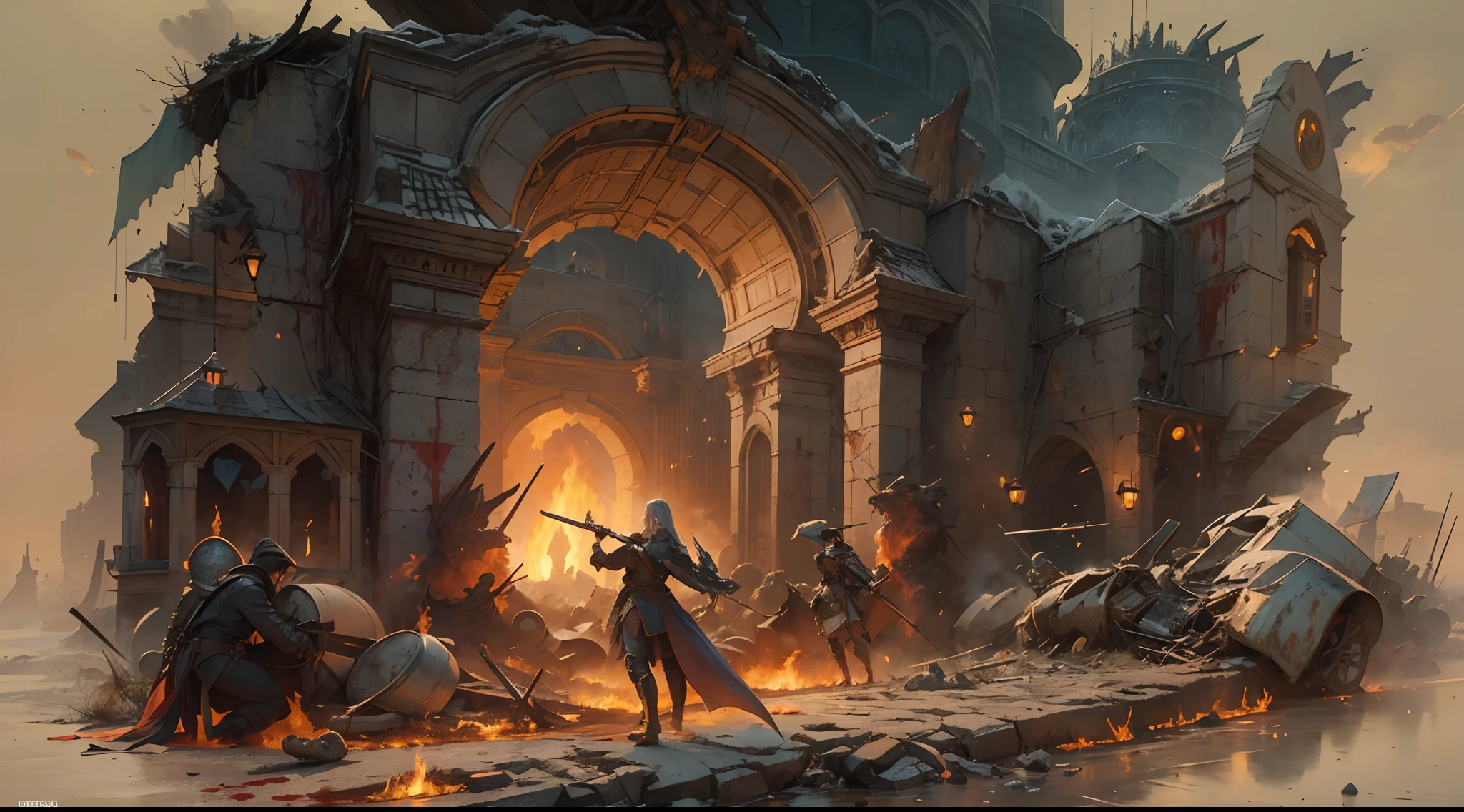 "(by Greg Rutkowski: 1.2), (masterpiece), (best quality), extremely delicate and beautiful, illustration, (fantasy landscape), depth of field, HDR, intricate, delicate, photorealistic depiction, live action feel, creating a visual masterpiece with the best possible quality. A mesmerizing fantasy landscape with enchanting elements blending seamlessly. (Highlighting the epic war battlefield filled with fallen knight surrounded with blood and fire), (wrecked catapult, swords on the ground). Providing a distant view that captures the grandeur and atmosphere."