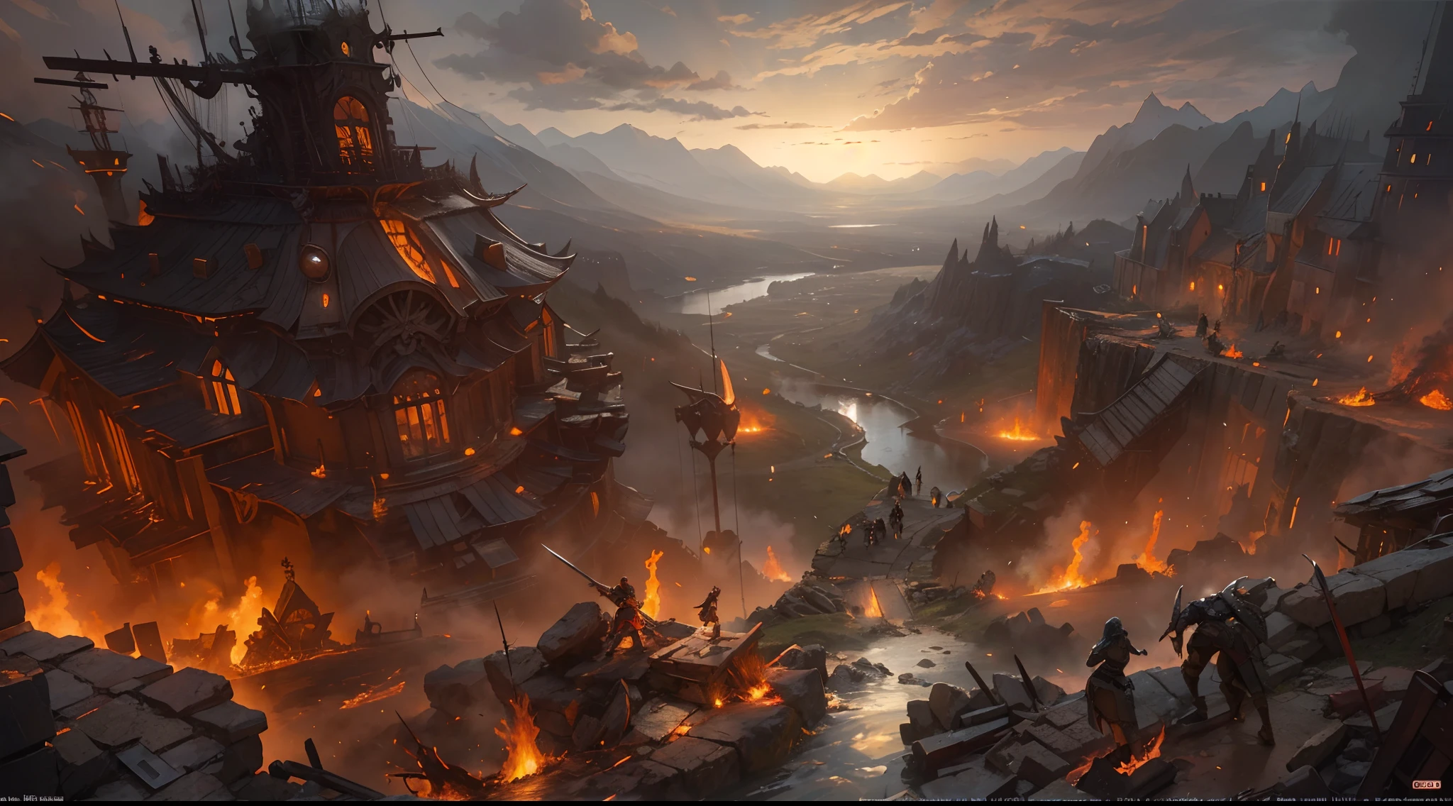 "(by Greg Rutkowski: 1.2), (masterpiece), (best quality), extremely delicate and beautiful, illustration, (fantasy landscape), depth of field, HDR, intricate, delicate, photorealistic depiction, live action feel, creating a visual masterpiece with the best possible quality. A mesmerizing fantasy landscape with enchanting elements blending seamlessly. (Highlighting the epic war battlefield filled with fallen knight surrounded with blood and fire), (wrecked catapult, swords on the ground). Providing a distant view that captures the grandeur and atmosphere."