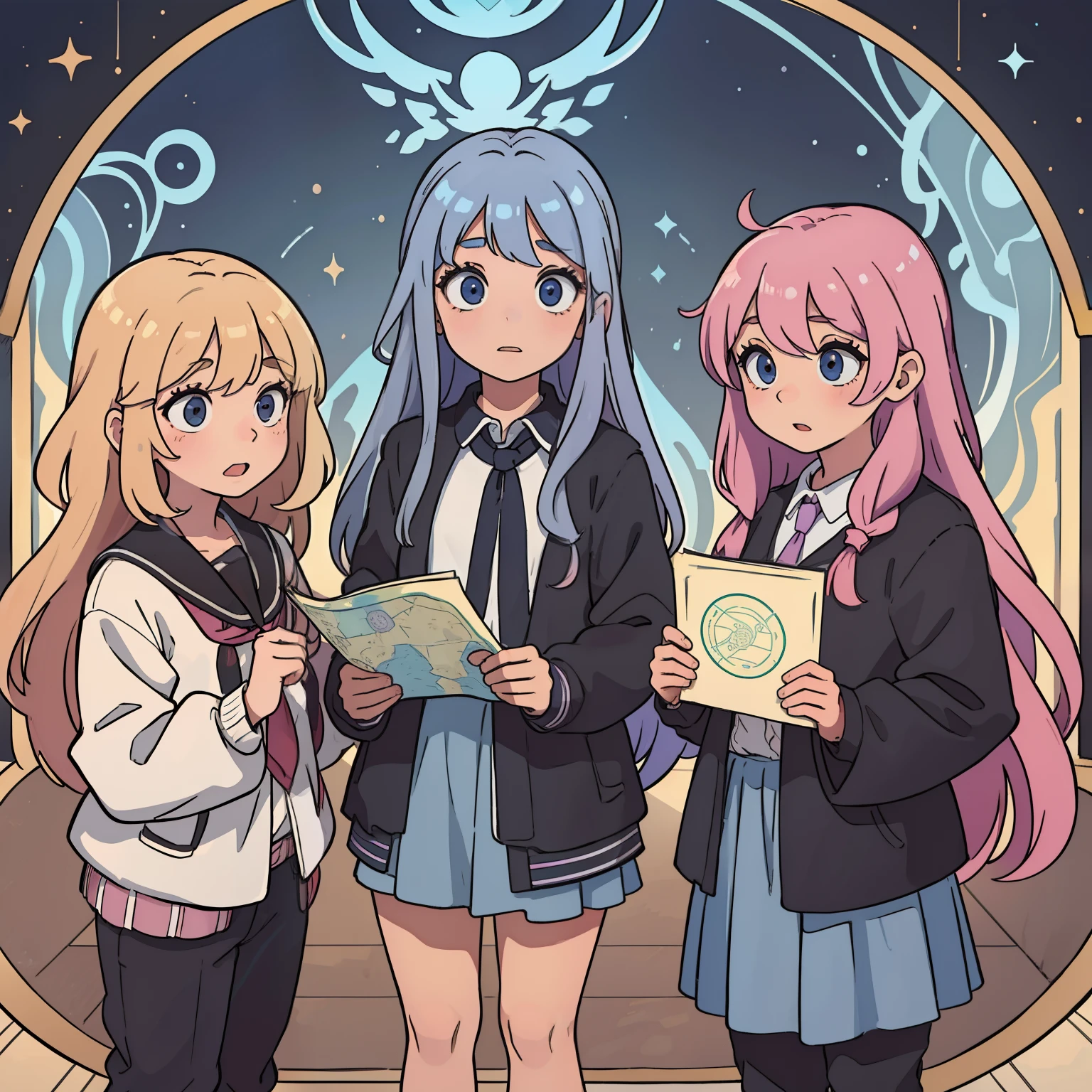 3 amigos, Uma menina de beleza singular, with long iridescent light hair with a mysterious map in his hands. Uma outra com cabelo rosa longo , a outra de cabelo preto. dentro da escola. They have long hair. Elas encontraram um mapa misterioso na escola. Escola num lugar misterioso. Expression of astonishment.