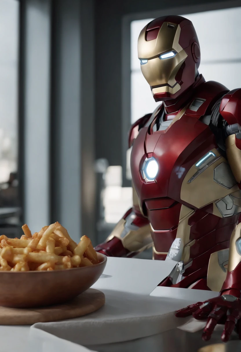 Marvel's somber half-length portrait of Iron Man behind a table with a plate of salchichas en trozos acompañado de papas fritas, with intricate angular cybernetic implants within a futuristic kitchen, cyberpunk, Foto premiada, Neon lights, cybernetic limb, obra maestra, UHD, 32K, ultrarrealista, HQ 4K, Renderizado en Unreal Engine 4K HQ, Renderizado en Unreal Engine 4K HQ, Arte conceptual 4K e hiperrealismo, Renderizado 4K detallado, Ironman, ArtStation 4K, Renderizado 4K de alto detalle, Tendencias 4K en la sede de ArtStation, Extremadamente fotorrealista