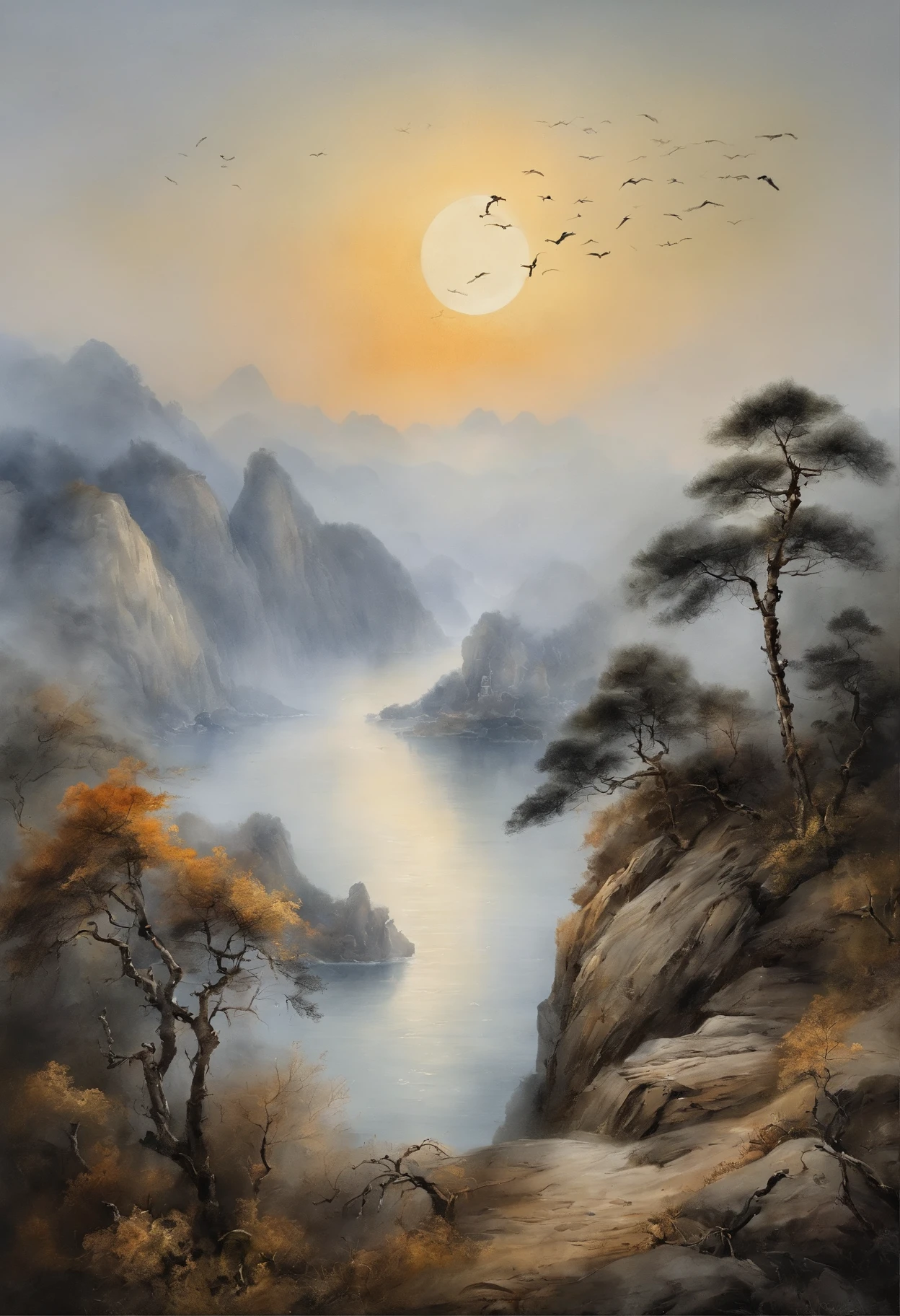 (Tang Feng),China-style,National tide,(A cliff illuminated by a huge moon),Ultra-long-range viewing angle,No Man,scenecy,best qualtiy