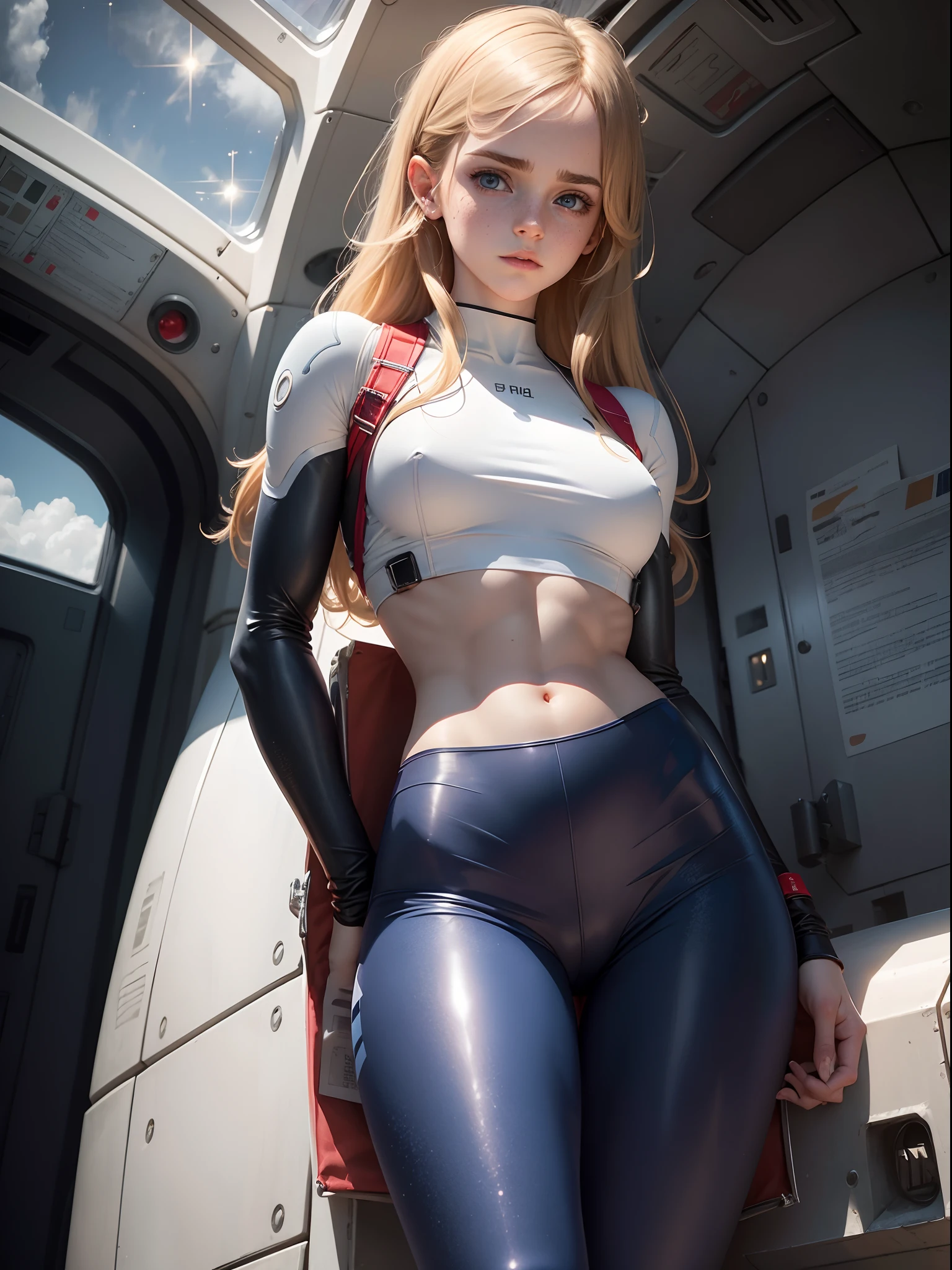 teen emma watson dressed in a plugsuit of evangelion blonde. freckles. sparkly blue eyes that speak of innocence and acceptance. Slender frame and beautiful figure. tight red pants. crop top. reading while lying outside a spaceship. ripped clothes exposing muscle. sci-fi.