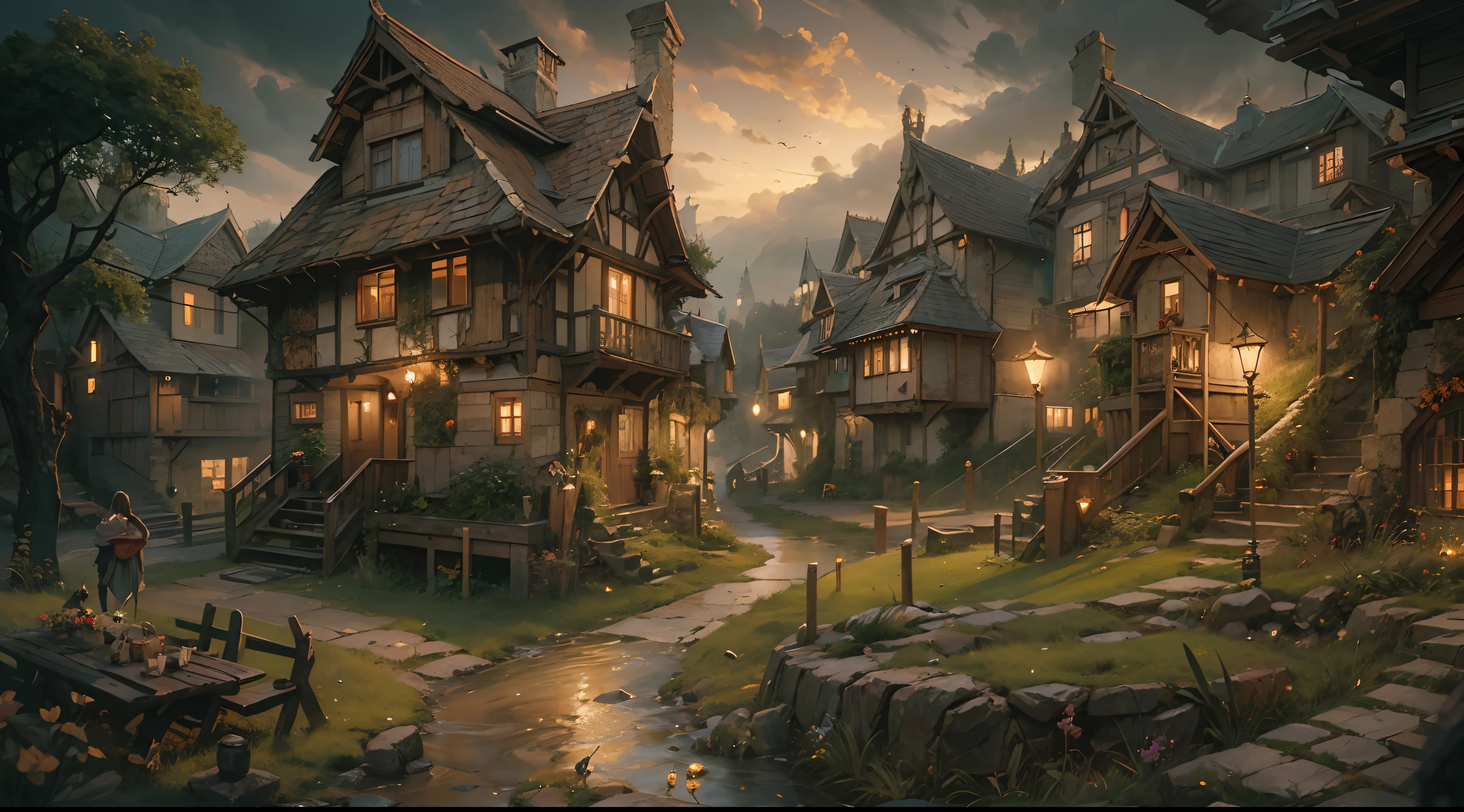 (by Greg Rutkowski: 1.2), (masterpiece), (best quality), extremely delicate and beautiful, illustration, (fantasy landscape), A mesmerizing fantasy landscape with enchanting elements blending seamlessly. (medieval village, houses, medieval fantasy), from Brian Froud and Carne Griffiths and Wadim Kashin and John William Waterhouse, 8K post-production, high resolution, hiper detailed, depth of field, HDR, intricate